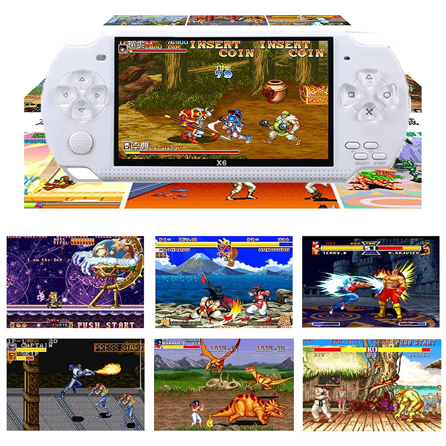 Consola de videojuegos X6 con juegos clásicos preinstalados. Reproductor multimedia con grabadora de sonido, cronómetro, calculadora y calendario.