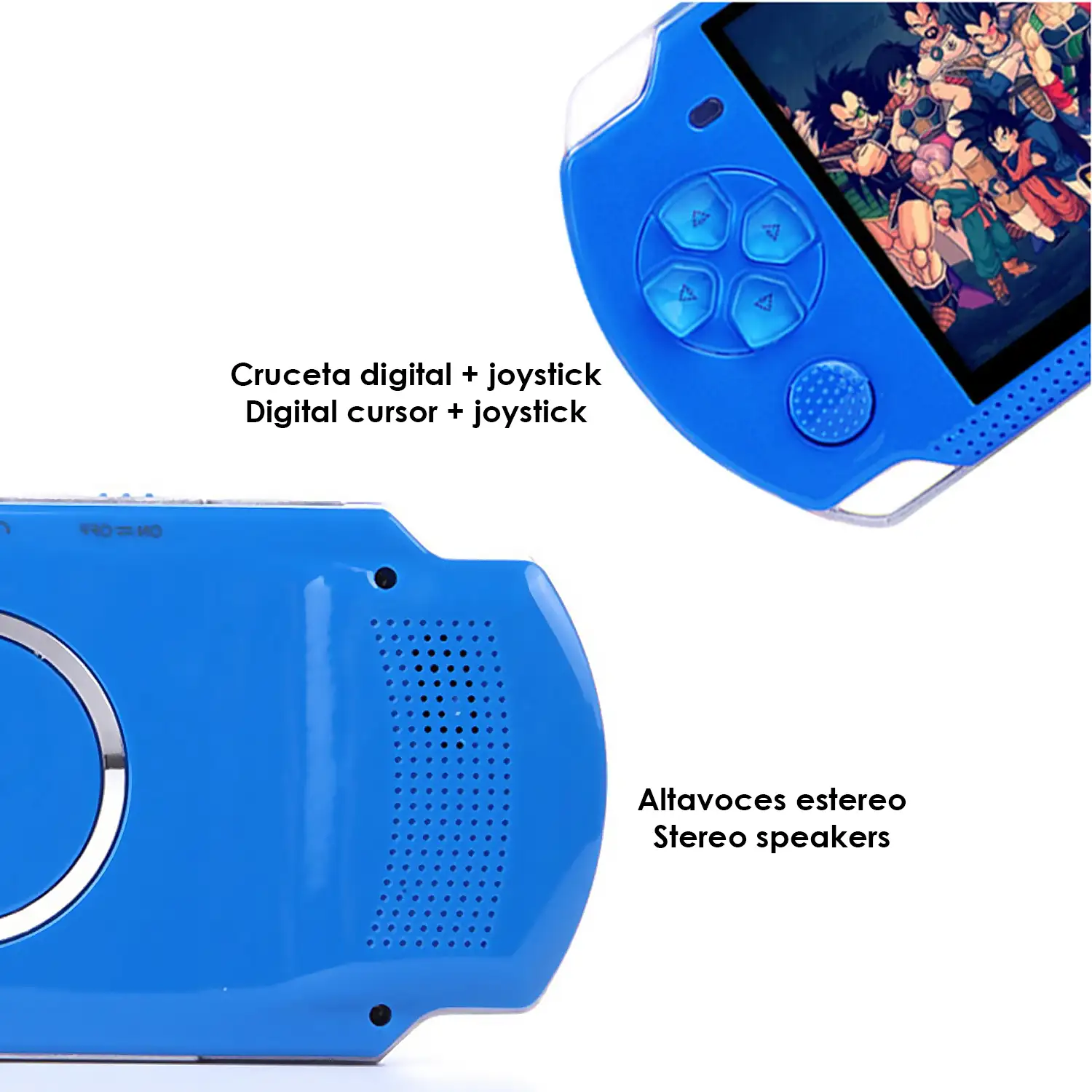 Consola de videojuegos X6 con juegos clásicos preinstalados. Reproductor multimedia con grabadora de sonido, cronómetro, calculadora y calendario.