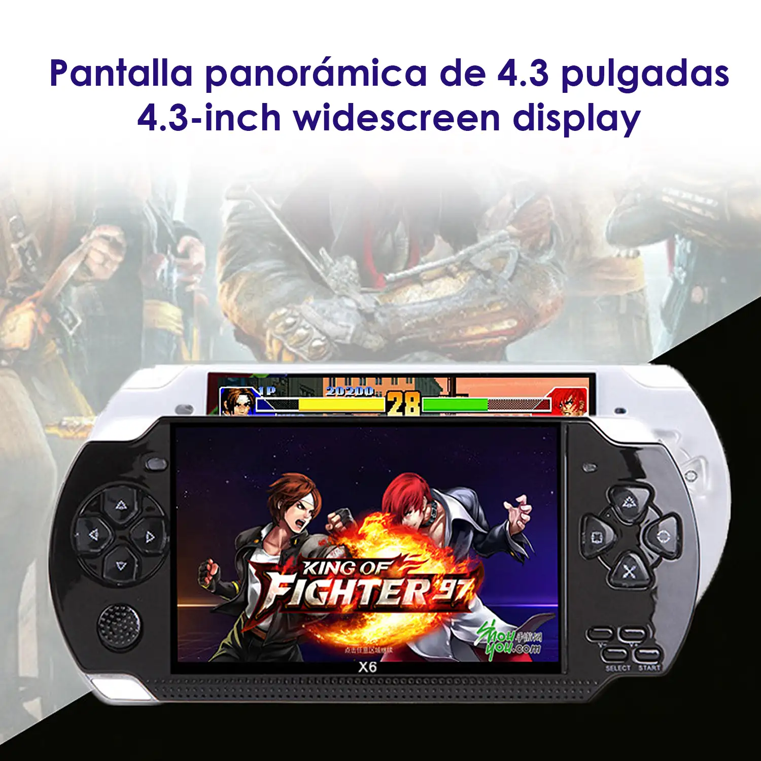 Consola de videojuegos X6 con juegos clásicos preinstalados. Reproductor multimedia con grabadora de sonido, cronómetro, calculadora y calendario.