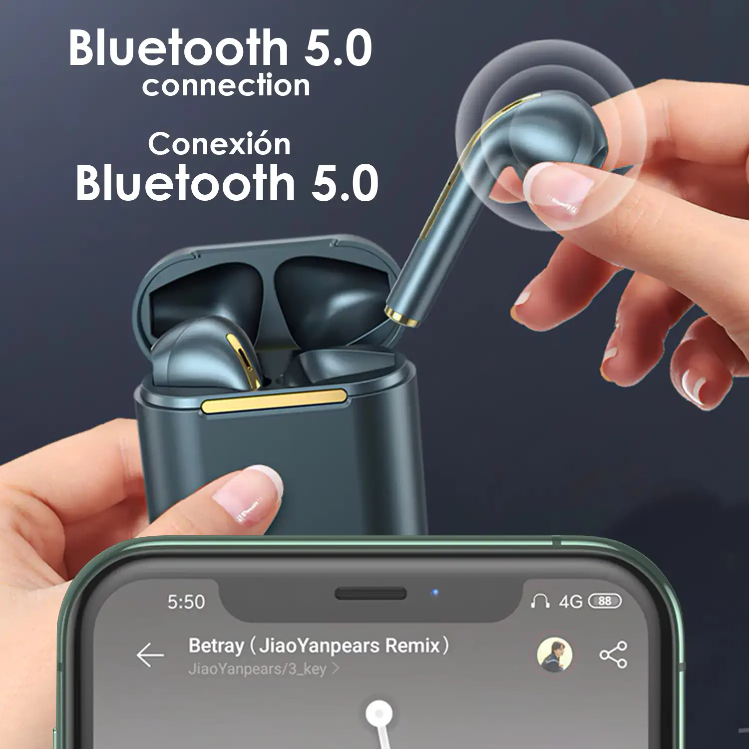 Auriculares TWS J18 Bluetooth 5.0, controles táctiles, base de carga 300mAh.
