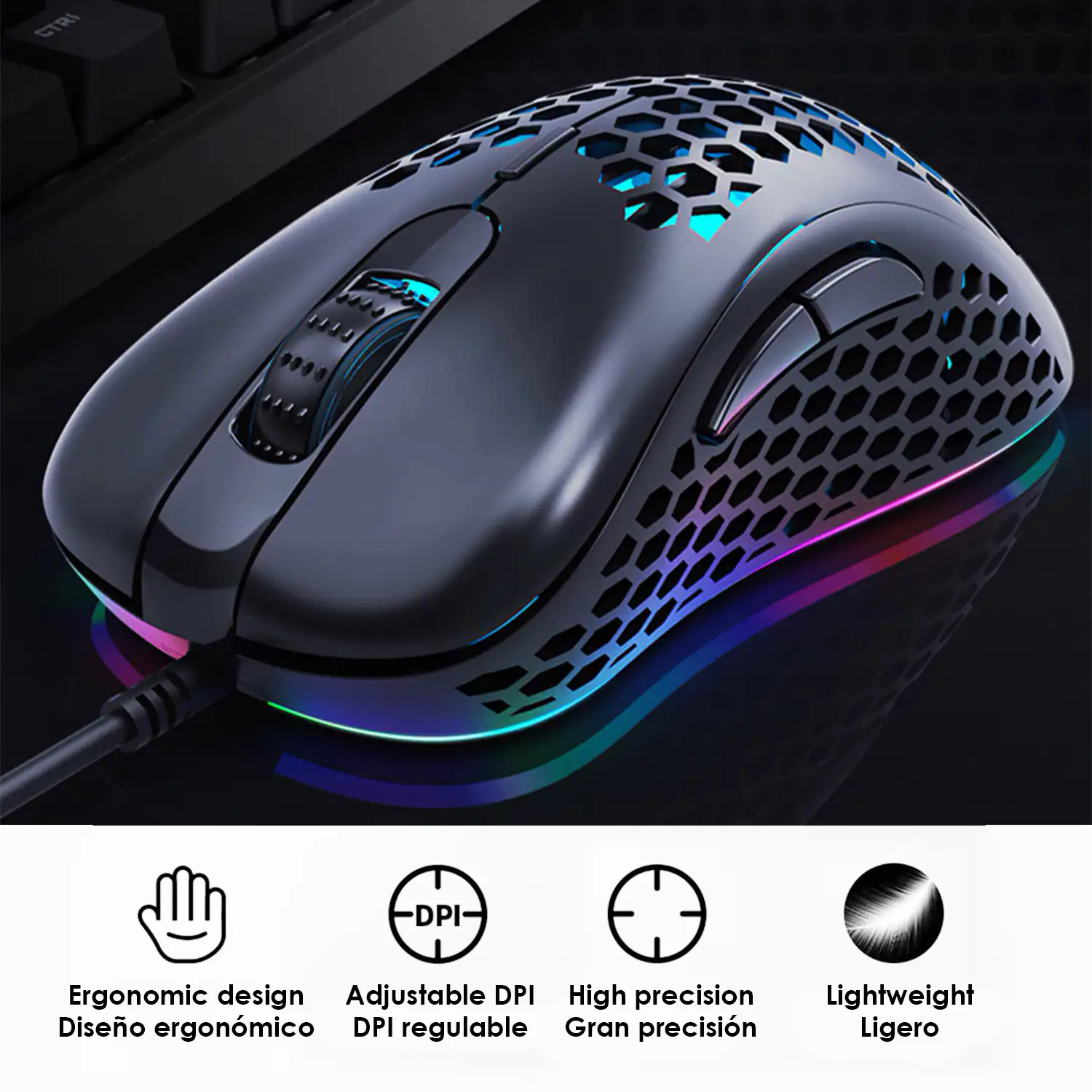 Ratón gaming M6S, hasta 3200DPI, sensor óptico, 125Hz - 4500fps. Hiper transpirable. Iluminación LED.