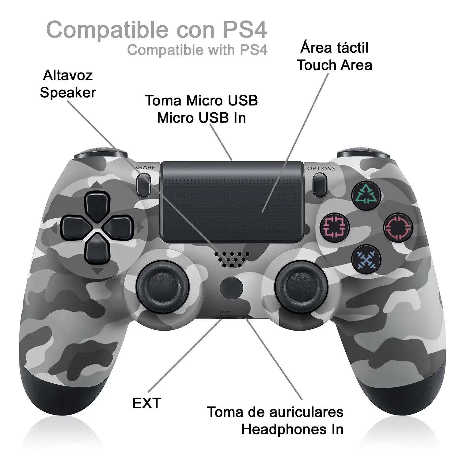 Mando inalámbrico con vibración compatible con PS4. Funciones completas.