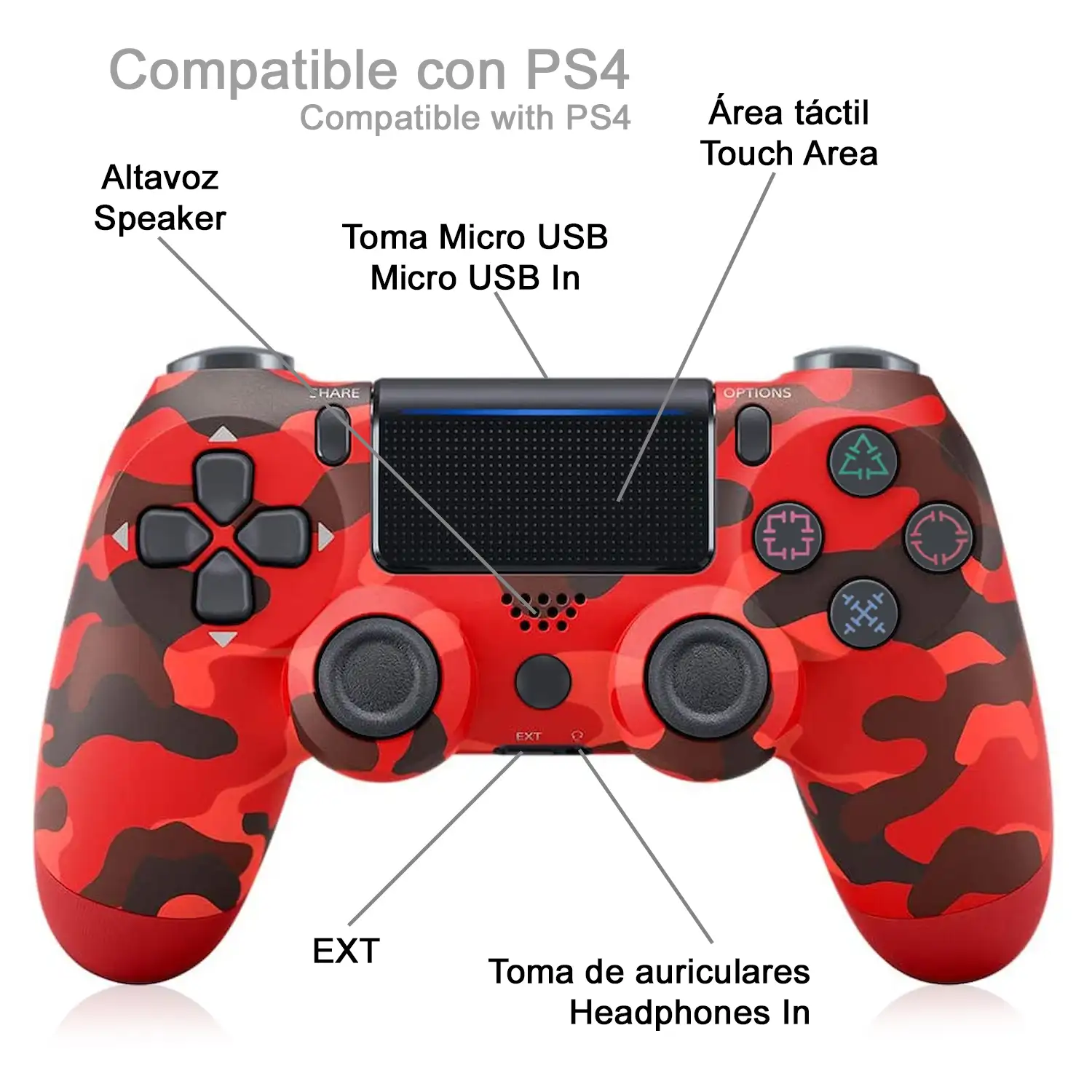 Mando inalámbrico con vibración compatible con PS4. Funciones completas.