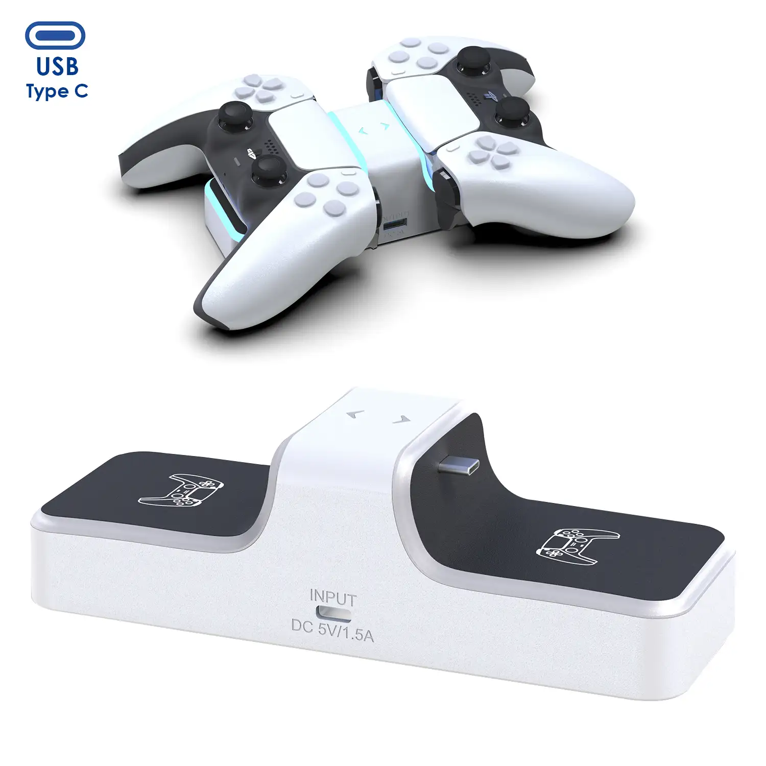 Cargador dual para 2 mandos de PS5. Incluye salida de carga USB.