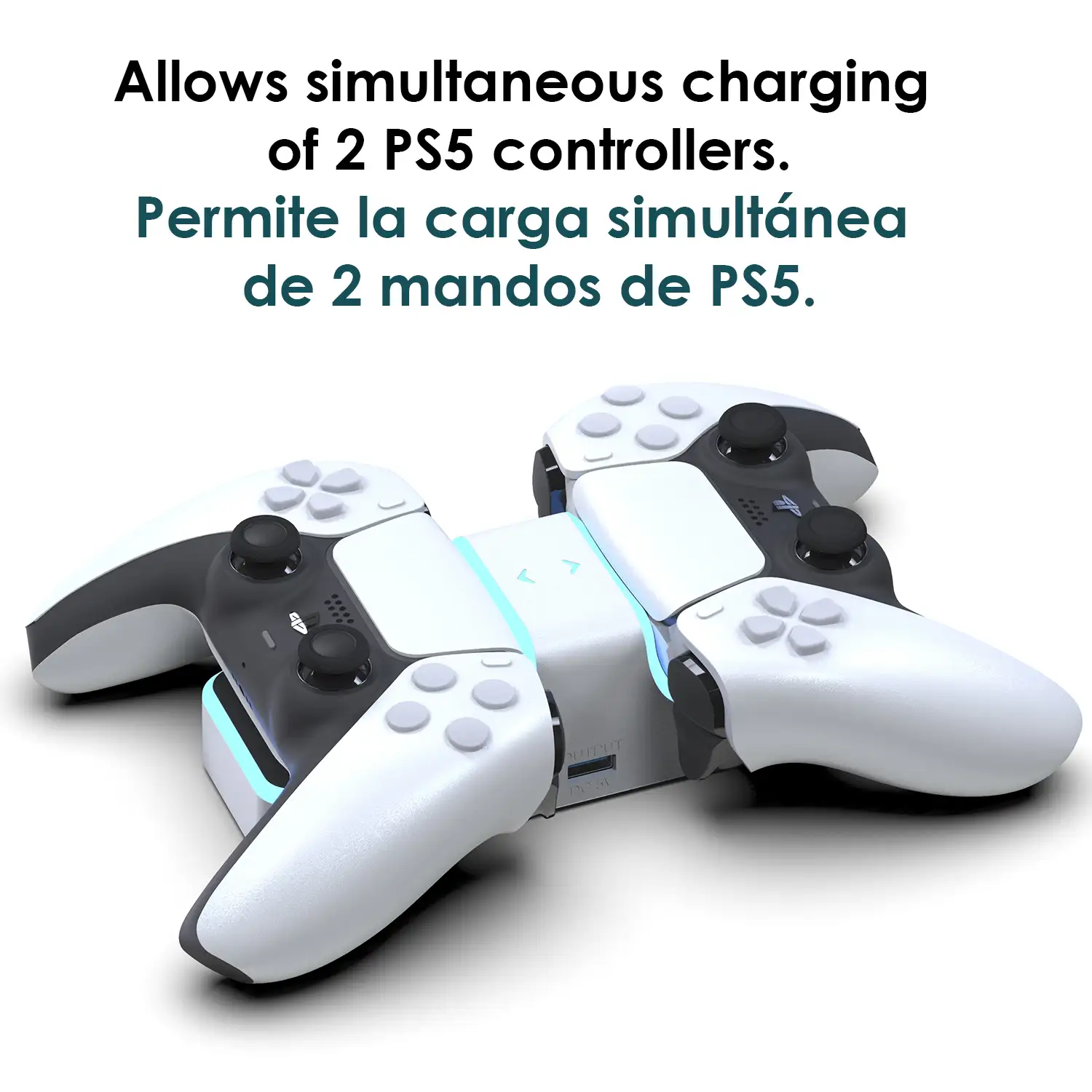 Cargador dual para 2 mandos de PS5. Incluye salida de carga USB.