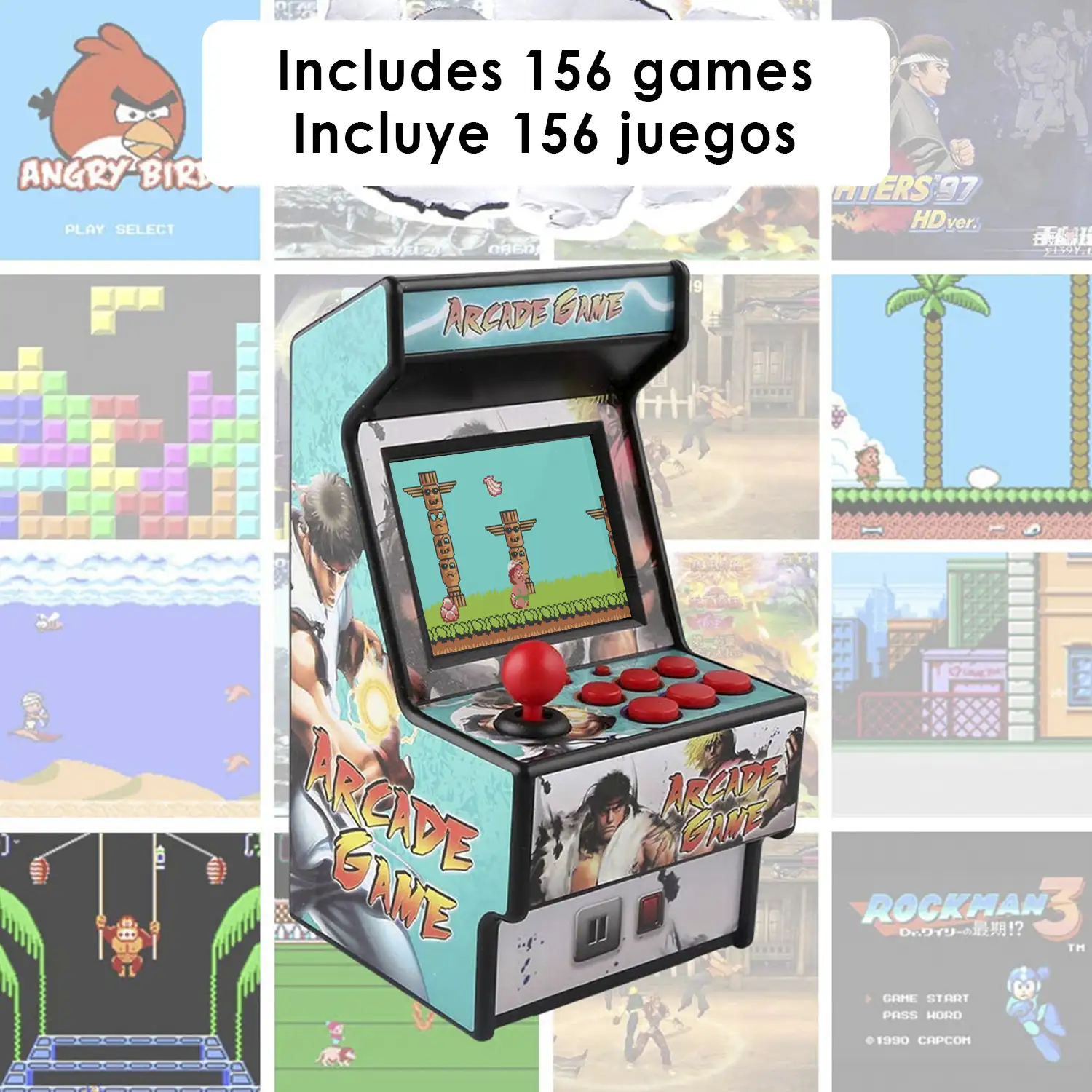 Consola Arcade máquina recreativa mini, portátil con 156 juegos. Pantalla 2,8 LCD y conexión a TV. Batería recargable.