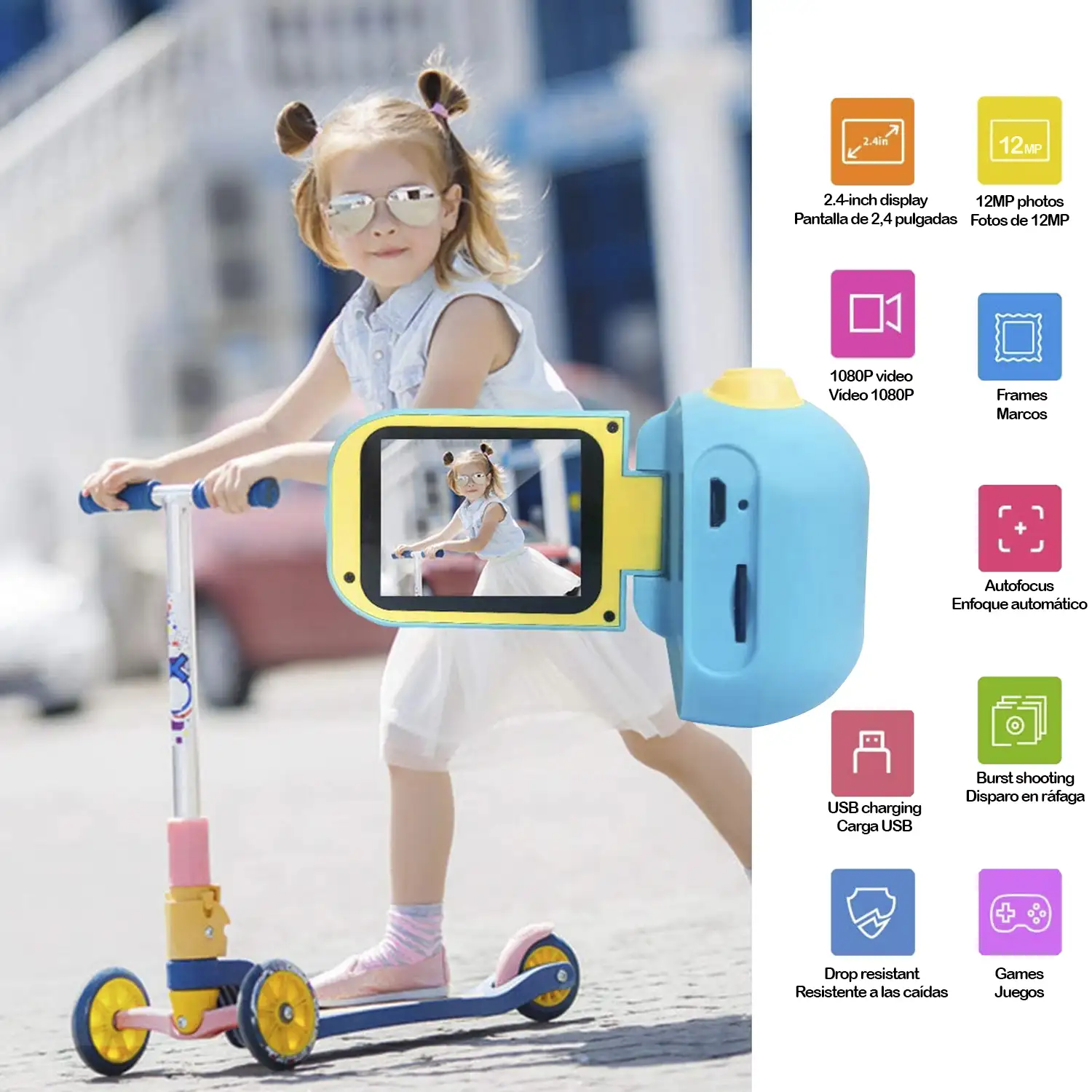 Cámara digital para niños de fotos y video con juegos. Pantalla plegable de 2,4