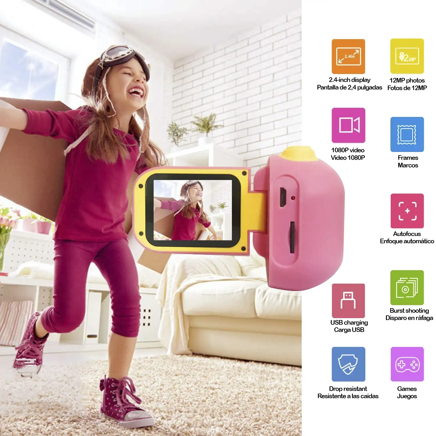 Cámara digital para niños de fotos y video con juegos. Pantalla plegable de 2,4