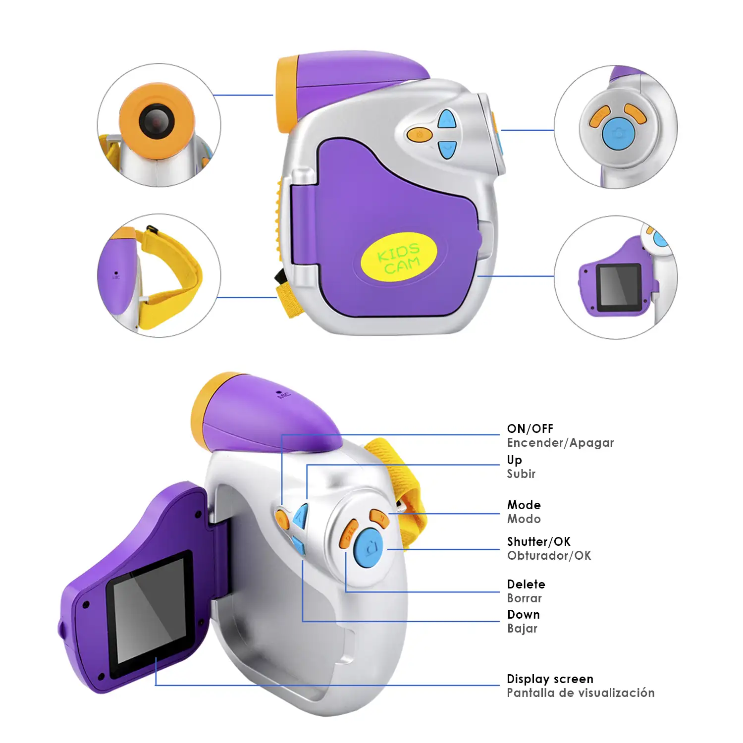 Cámara digital para niños de fotos y video. Resolución 8 mpx y HD 1080. Pantalla plegable, con colgador.