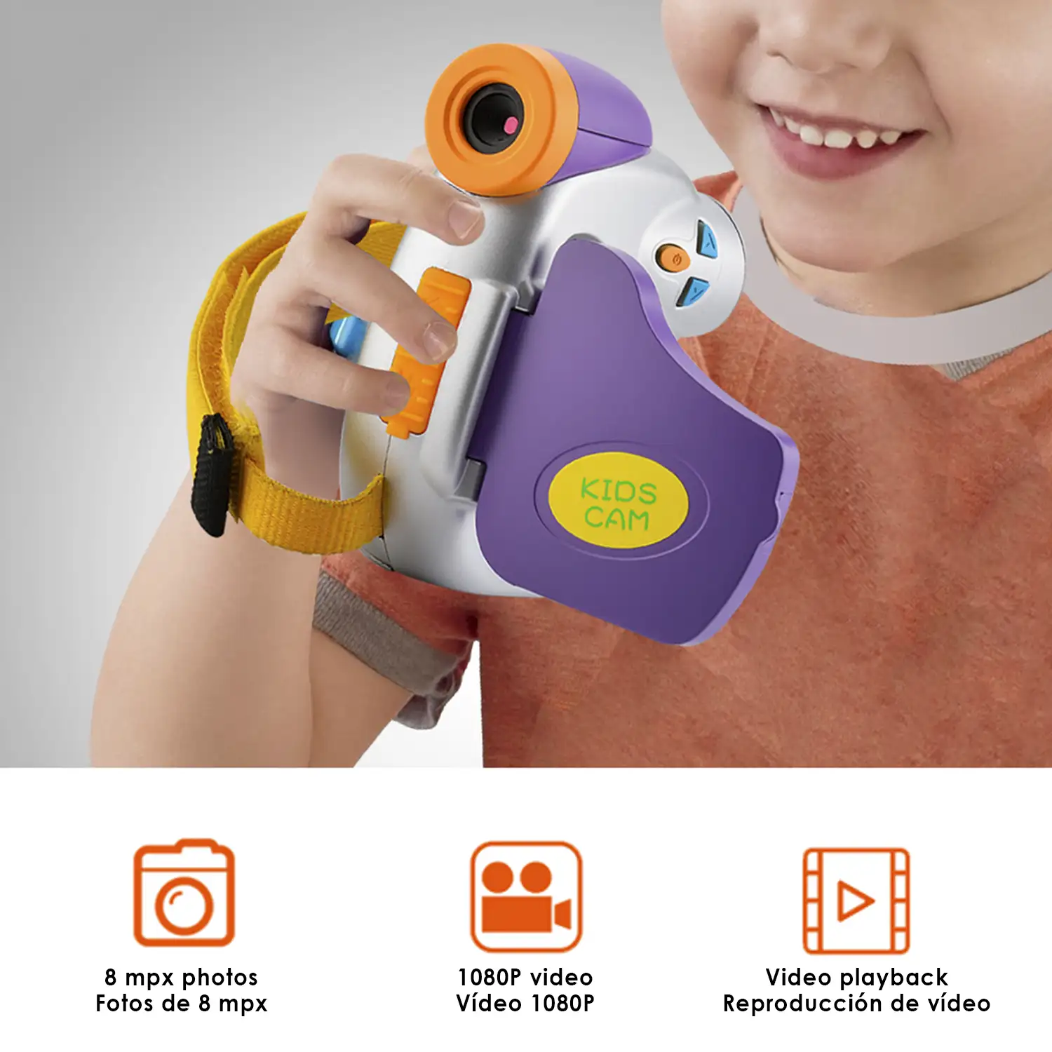 Cámara digital para niños de fotos y video. Resolución 8 mpx y HD 1080. Pantalla plegable, con colgador.