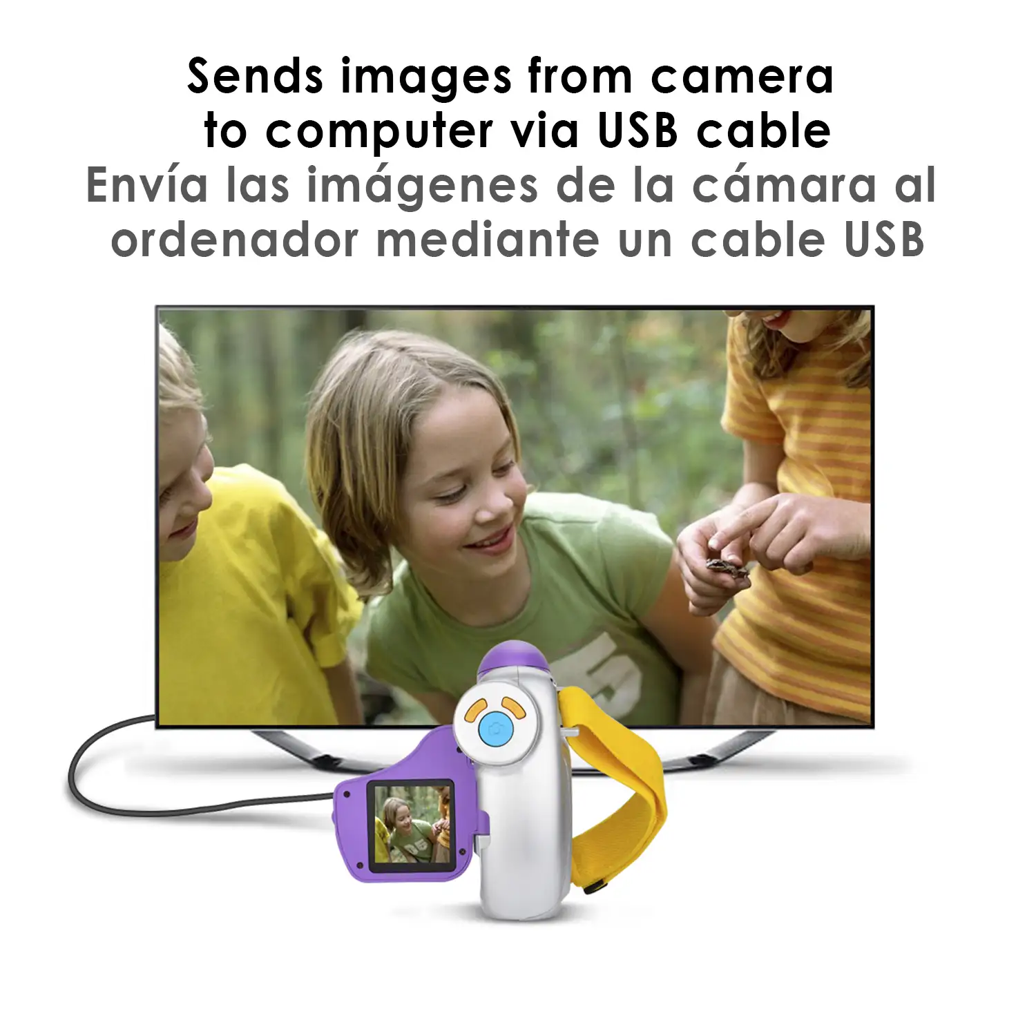 Cámara digital para niños de fotos y video. Resolución 8 mpx y HD 1080. Pantalla plegable, con colgador.