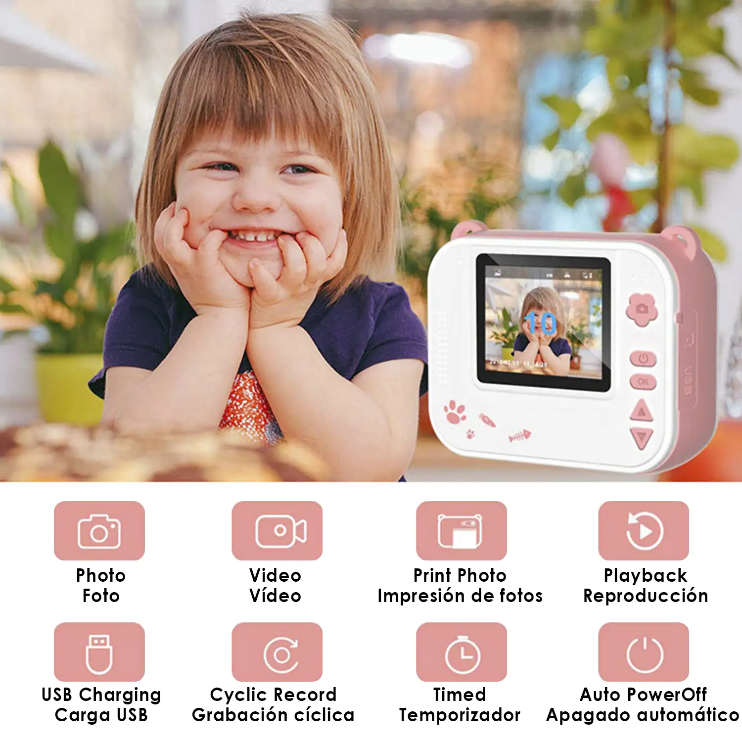 Cámara digital de fotos y video para niños. FullHD y 12mpx. Impresión instantánea de tus fotos preferidas.