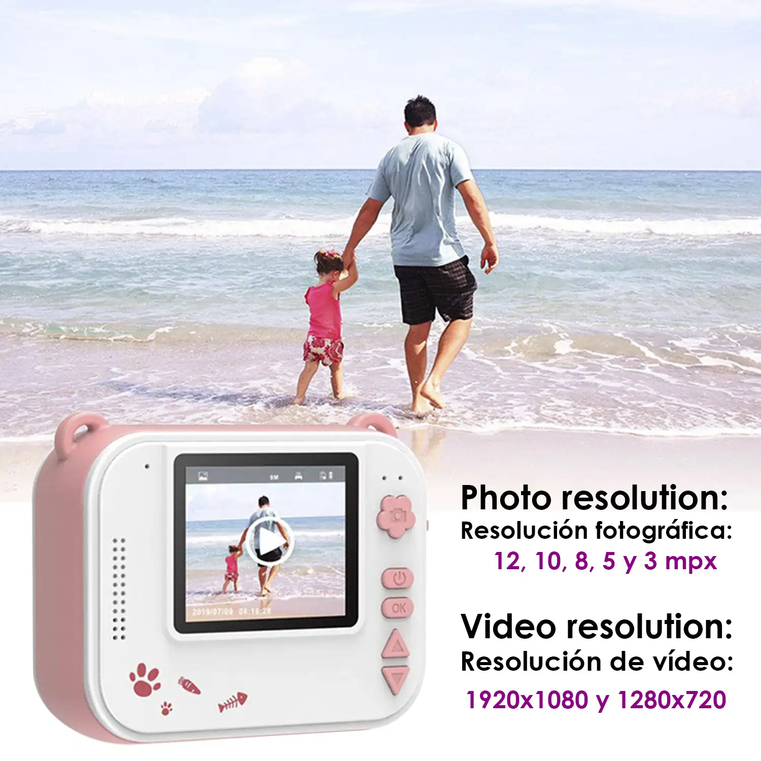 Cámara digital de fotos y video para niños. FullHD y 12mpx. Impresión instantánea de tus fotos preferidas.