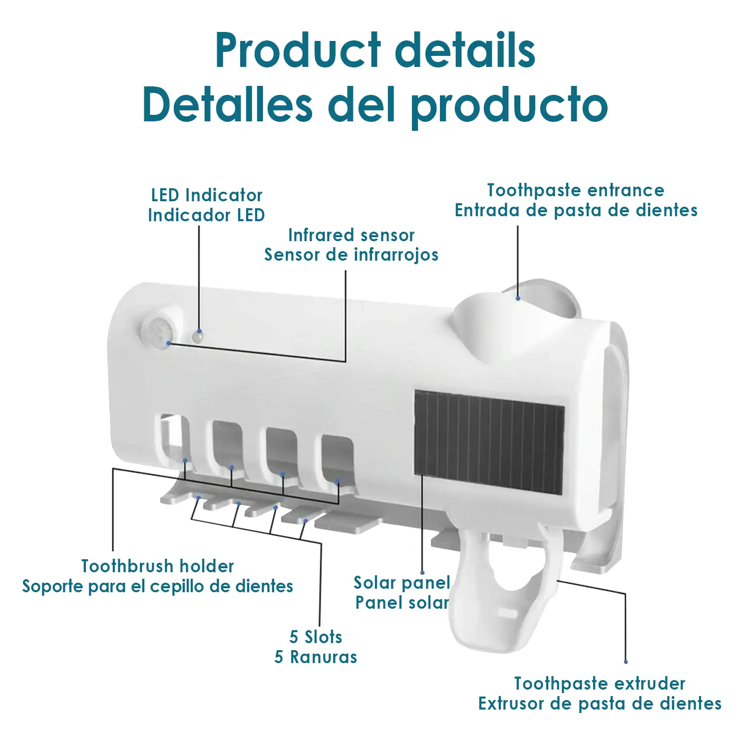 Esterilizador y soporte para 4 cepillos de dientes con dispensador de pasta dental. Panel solar.