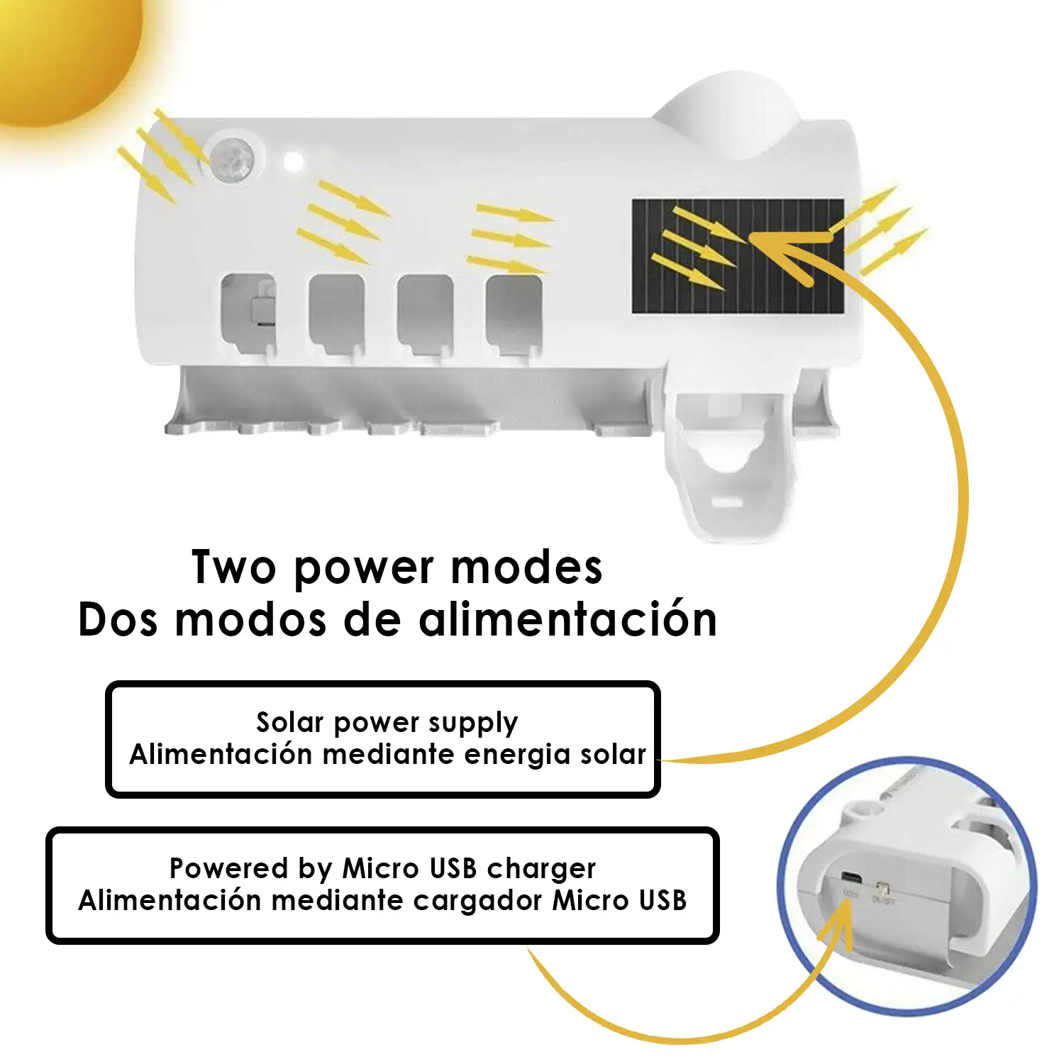 Esterilizador y soporte para 4 cepillos de dientes con dispensador de pasta dental. Panel solar.