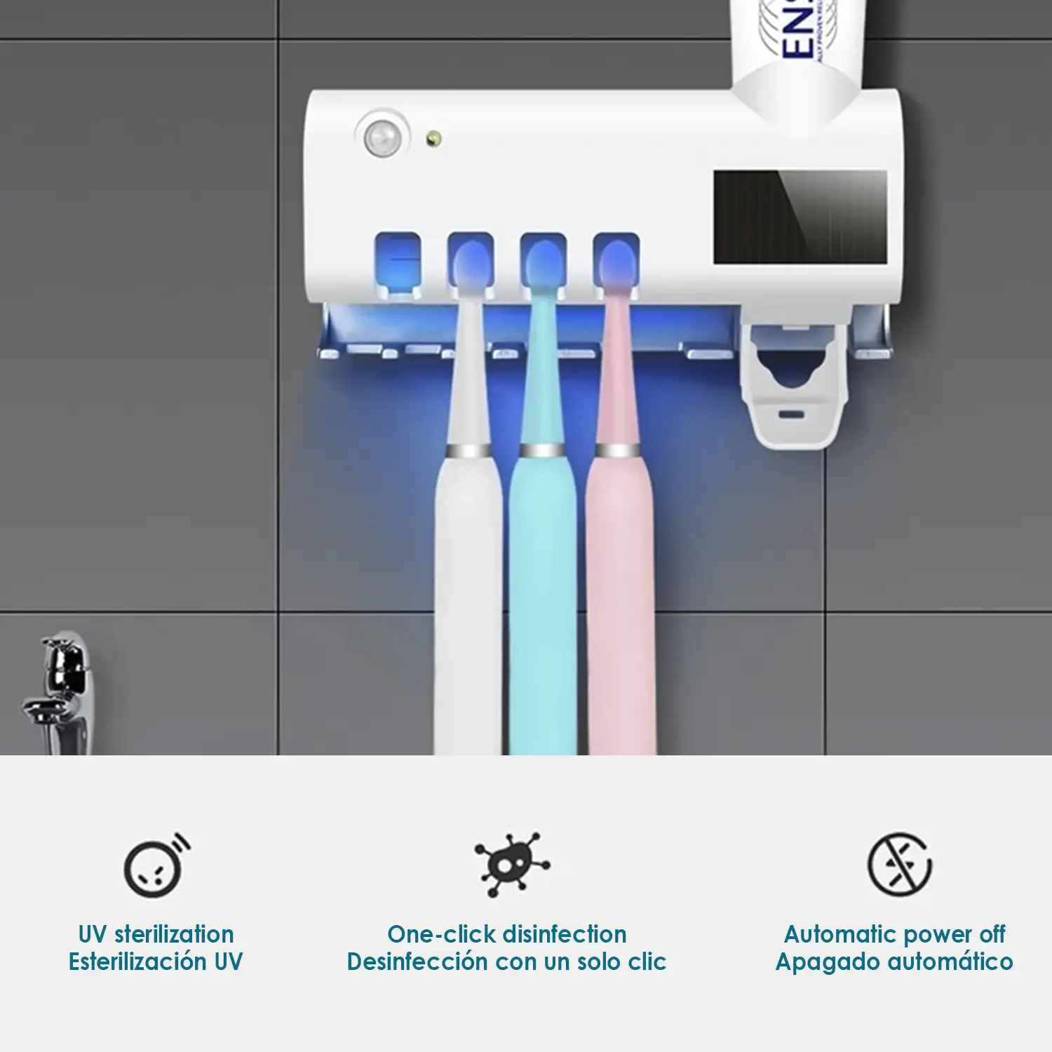 Esterilizador y soporte para 4 cepillos de dientes con dispensador de pasta  dental. Panel solar.