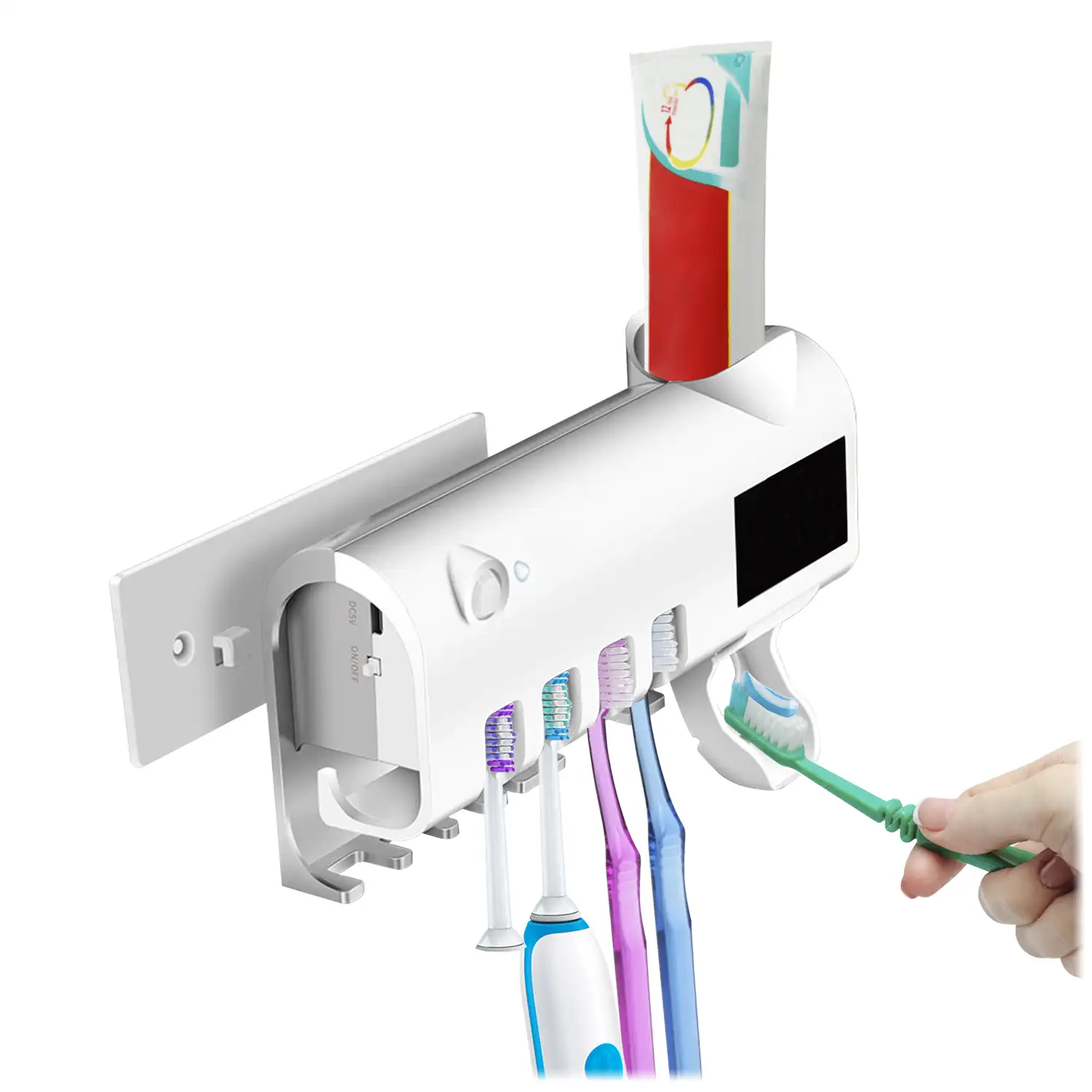 Esterilizador y soporte para 4 cepillos de dientes con dispensador de pasta dental. Panel solar.
