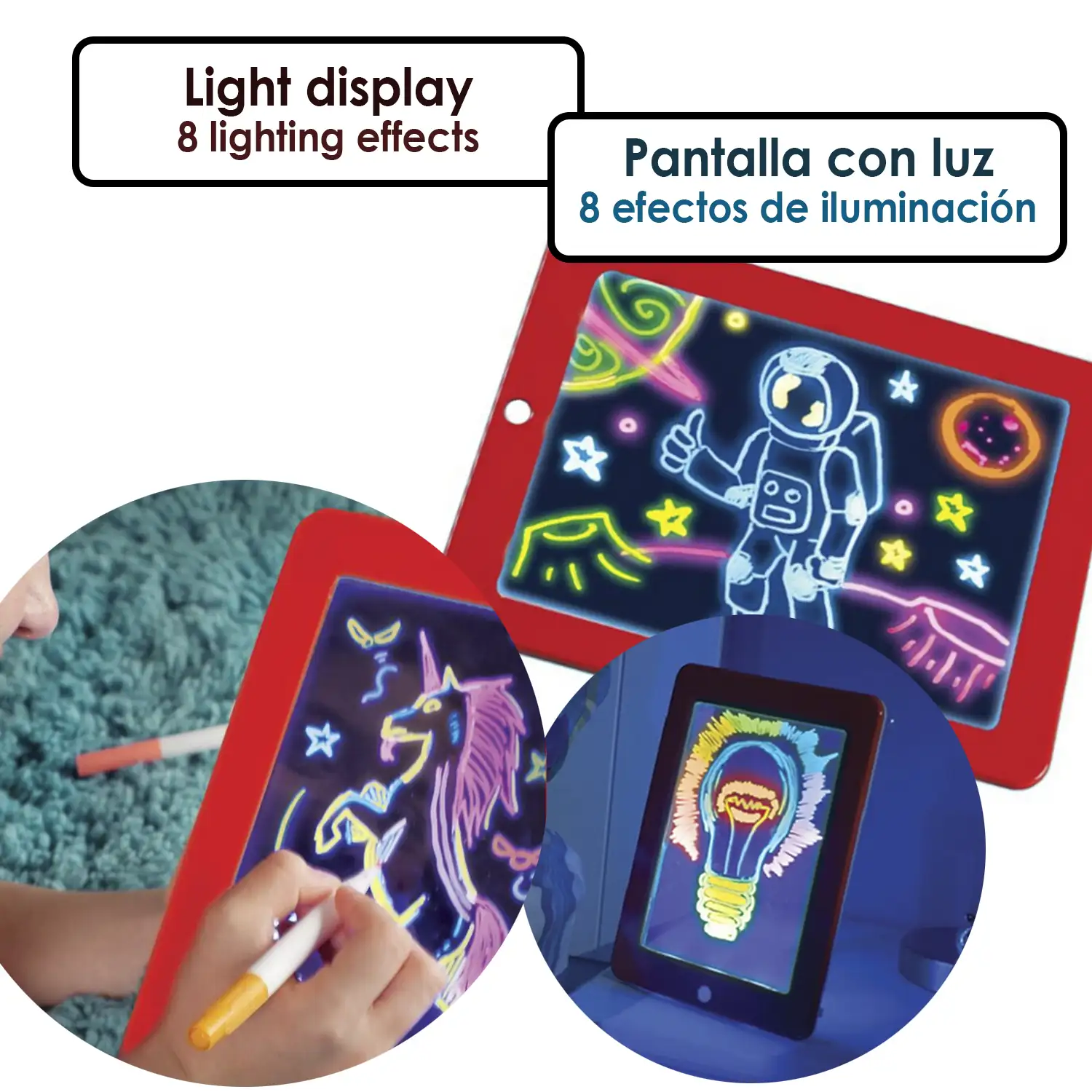 3D Magic Pad Tableta LED de escritura y dibujo. 8 efectos de luz fluorescentes. Rotuladores en 6 colores y fichas de juego, pintura y escritura.