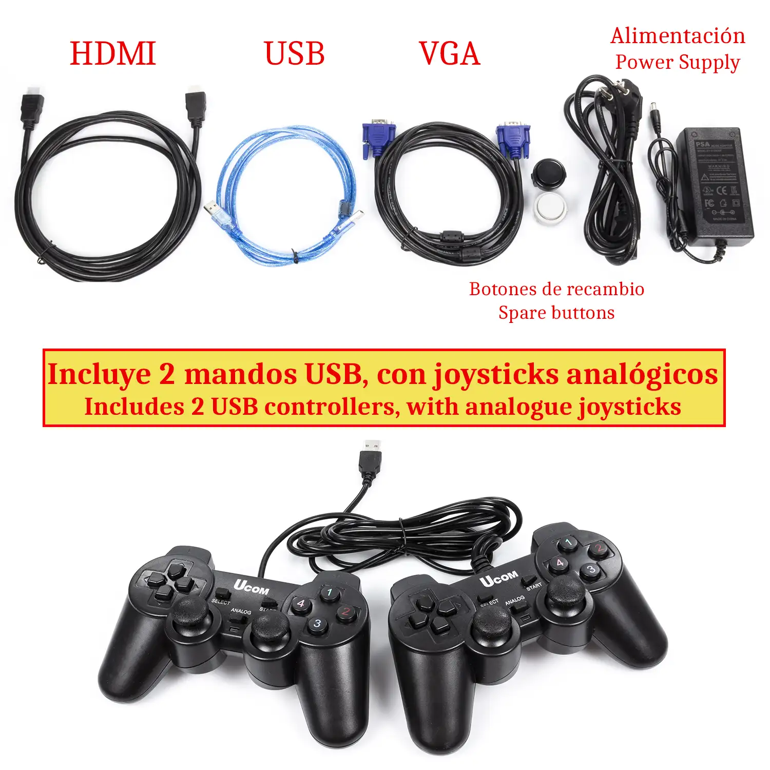 Pandoras Box 12. Consola arcade clásica, tipo máquina recreativa, con 3188 juegos clásicos instalados. Conexiones HDMI y VGA y salida USB. Incluye 2 mandos analógicos con conexión USB.