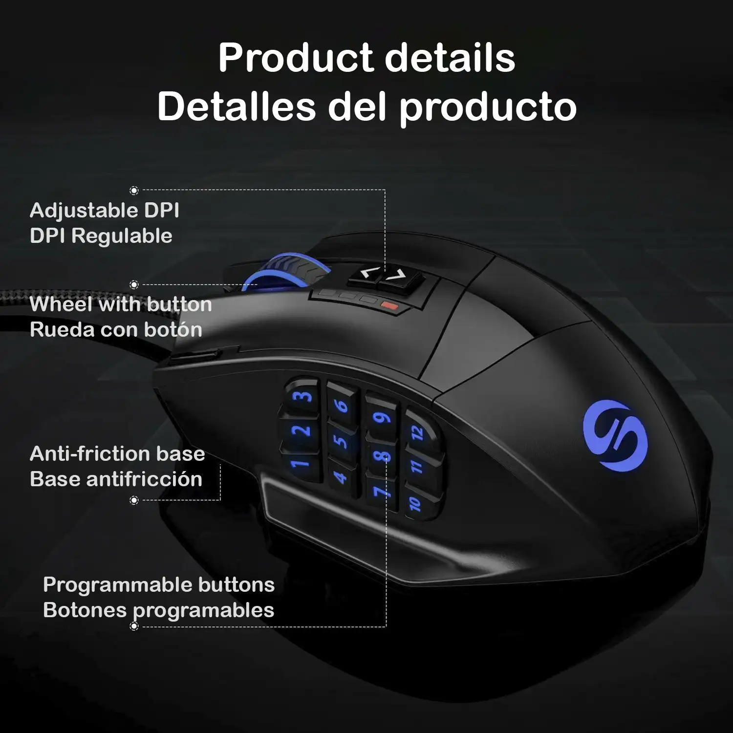 Ratón gaming V8, hasta 16.400DPI, 1000Hz, 12.000fps. Peso ajustable. 18 botones programables. Iluminación LED.