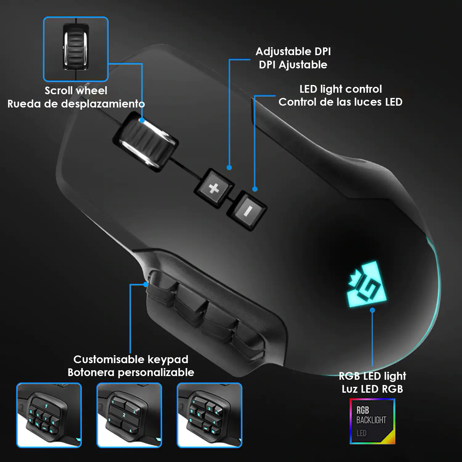 Ratón gaming GM900, hasta 24.000DPI, 1.000Hz, 17 botones, peso ajustable. Iluminación LED.