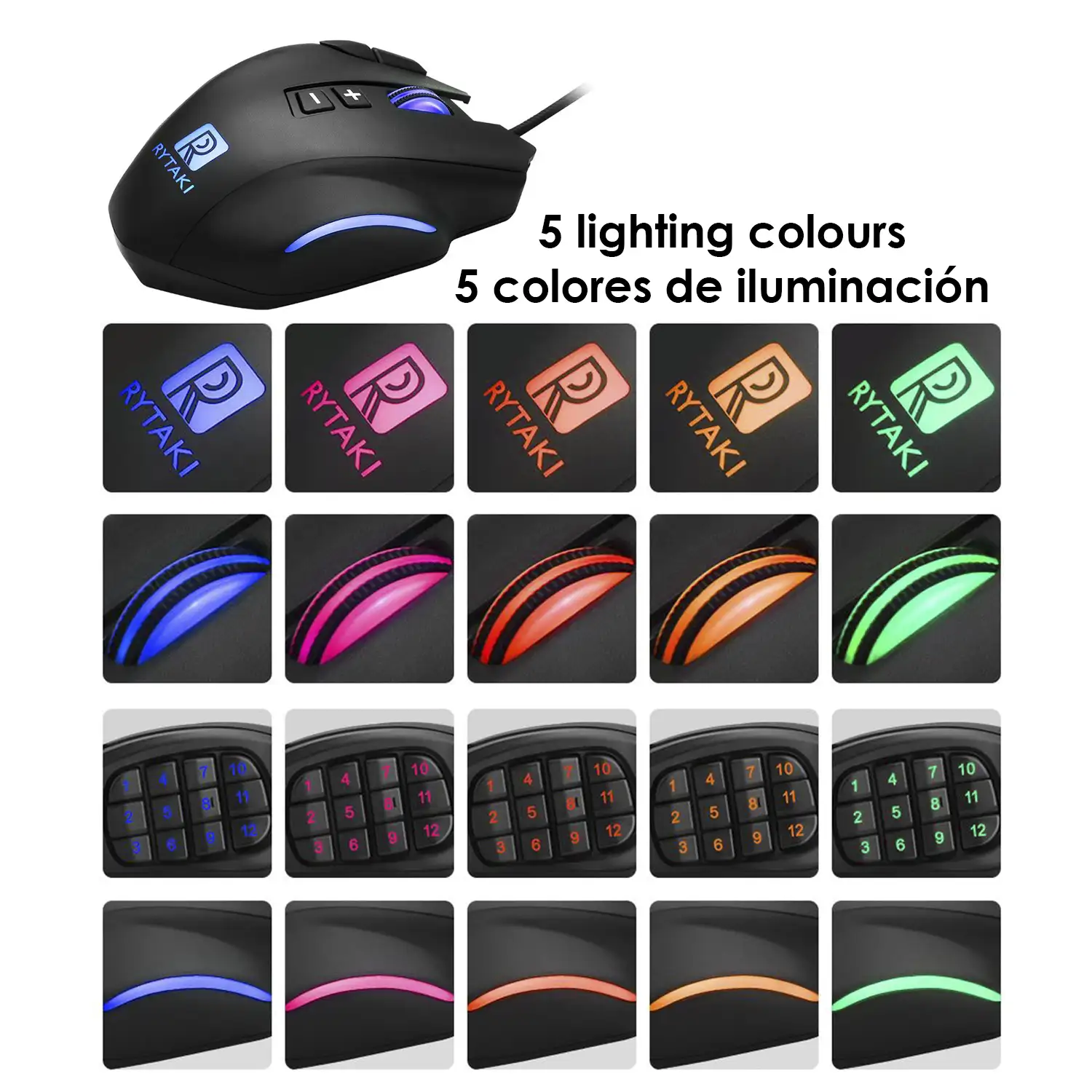 Ratón gaming R6, hasta 16.400DPI, 19 botones programables, peso ajustable. Iluminación LED RGB.
