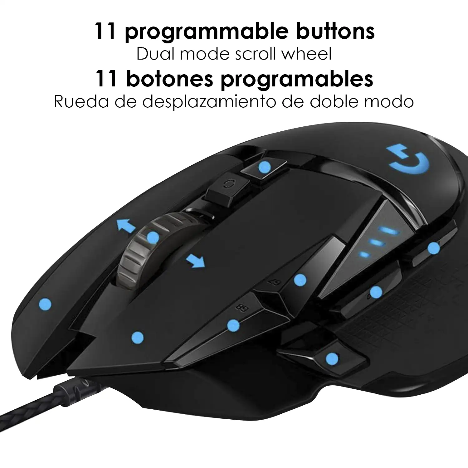 Ratón gaming G502 Hero Master, hasta 16.000DPI. 11 botones programables. Peso ajustable. LED RGB ajustable.