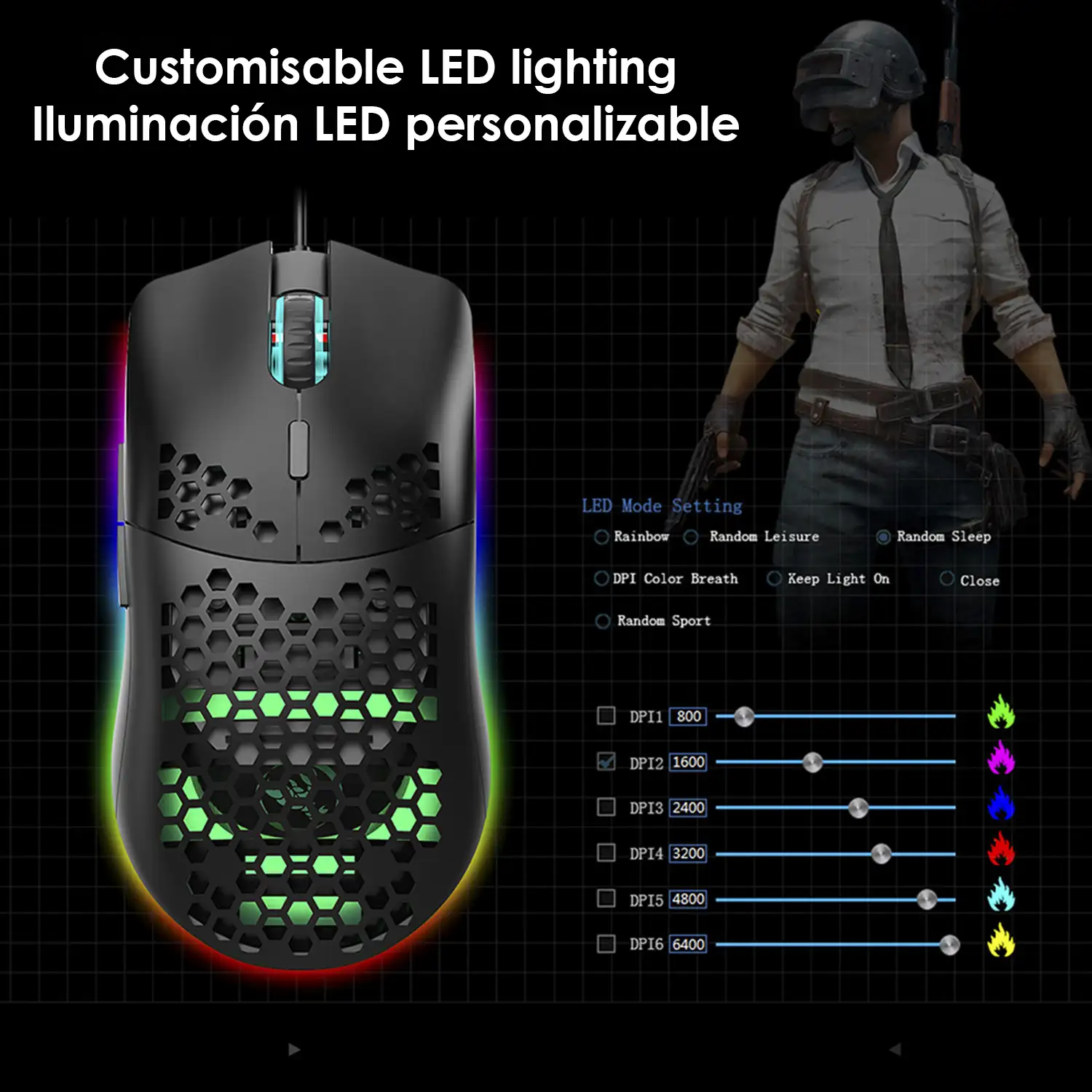 Ratón gaming C-7, hasta 16.000DPI, 1000Hz, 7 botones programables. Iluminación LED RGB.