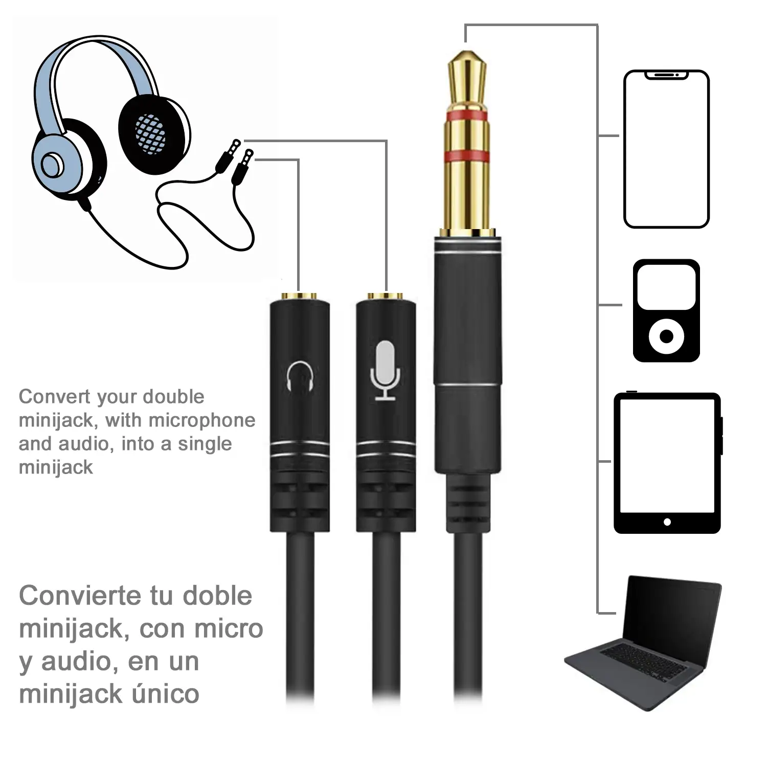 Splitter conversor de doble minijack hembra (micrófono y altavoz) a minijack macho. Utiliza auriculares de PC con micro en tu smartphone y tablet.