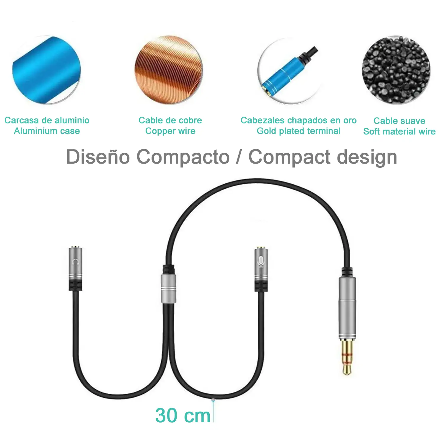 Splitter conversor de doble minijack hembra (micrófono y altavoz) a minijack macho. Utiliza auriculares de PC con micro en tu smartphone y tablet.