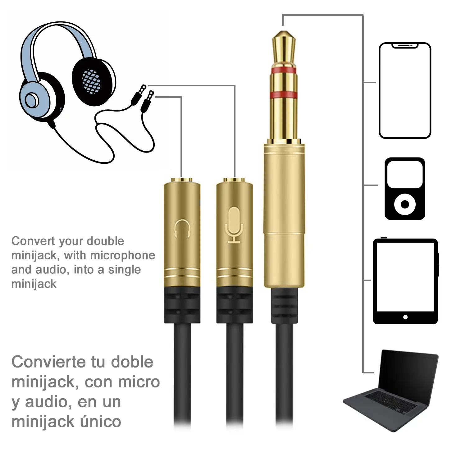 Splitter conversor de doble minijack hembra (micrófono y altavoz) a minijack macho. Utiliza auriculares de PC con micro en tu smartphone y tablet.