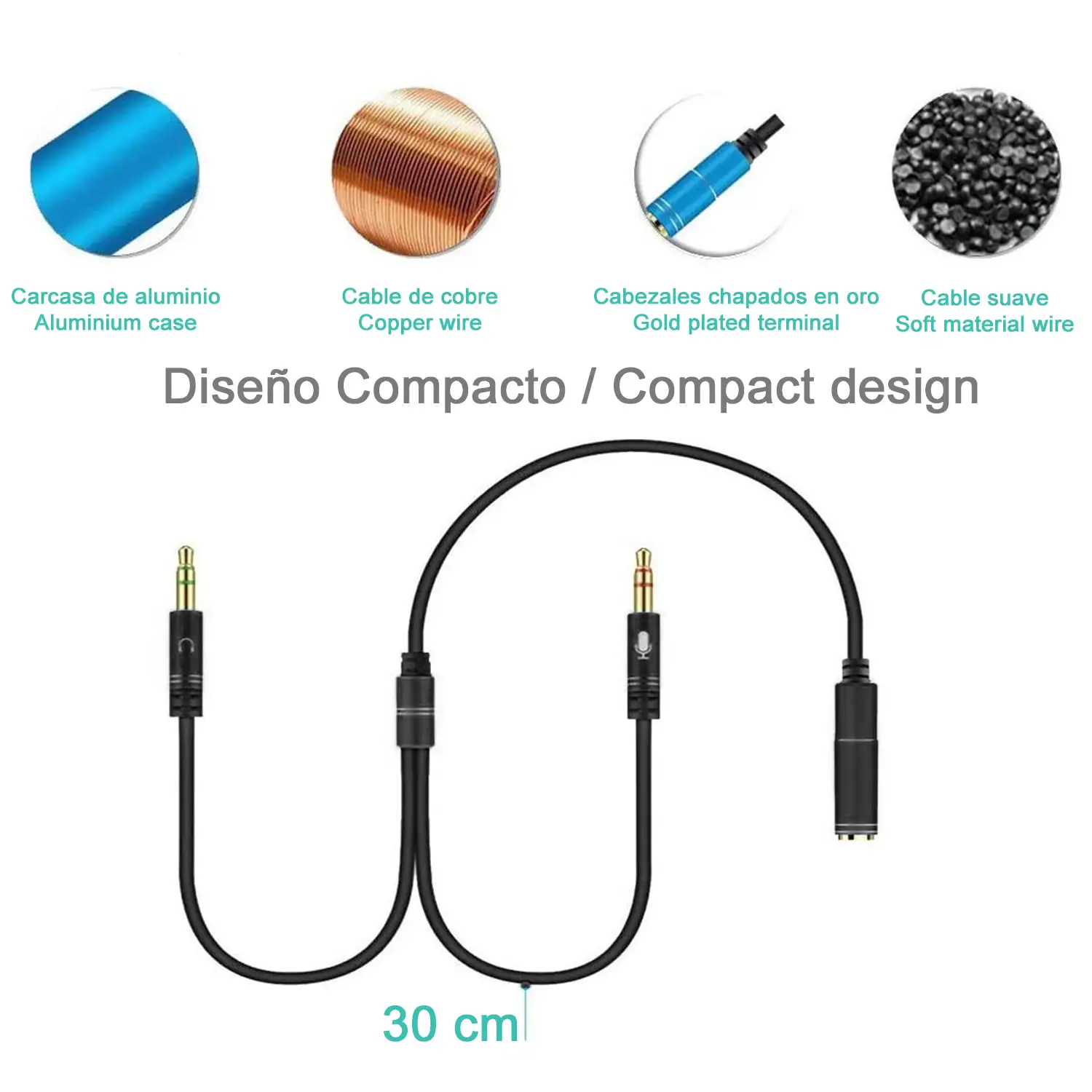 Splitter conversor de minijack (hembra) a doble minijack macho (micrófono y altavoz). Utiliza auriculares con micro incorporado y minijack simple en tu PC.