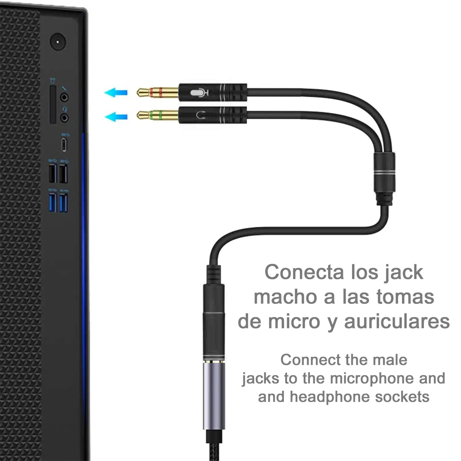 Splitter conversor de minijack (hembra) a doble minijack macho (micrófono y altavoz). Utiliza auriculares con micro incorporado y minijack simple en tu PC.