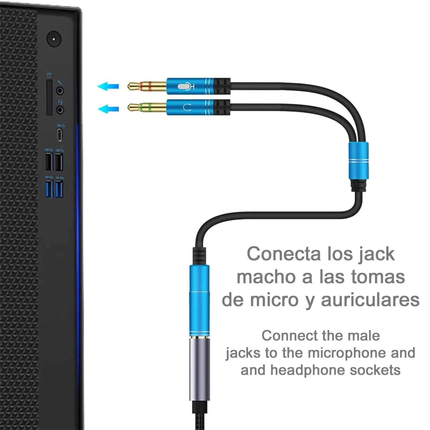 Splitter conversor de minijack (hembra) a doble minijack macho (micrófono y altavoz). Utiliza auriculares con micro incorporado y minijack simple en tu PC.