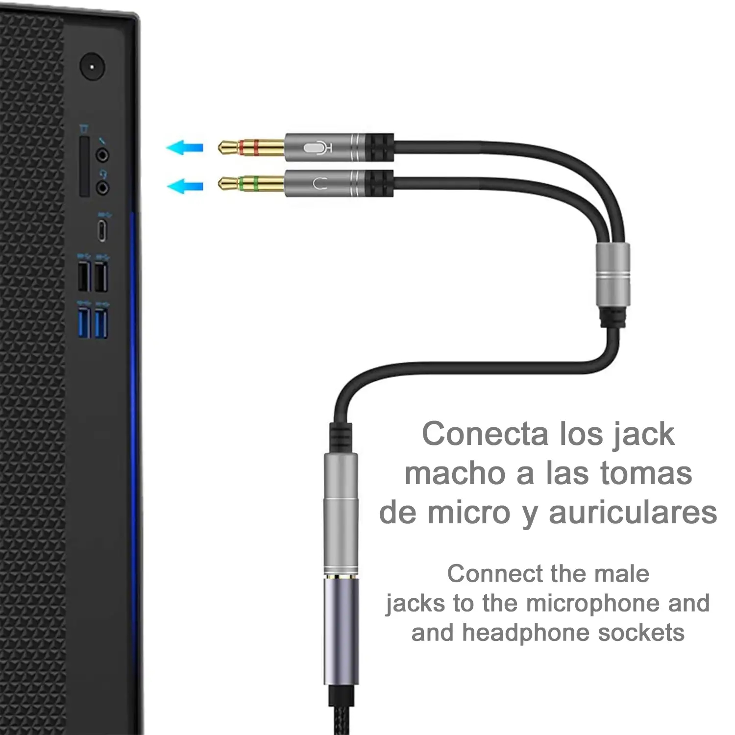 Splitter conversor de minijack (hembra) a doble minijack macho (micrófono y altavoz). Utiliza auriculares con micro incorporado y minijack simple en tu PC.