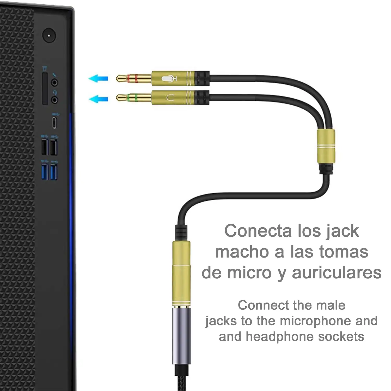 Splitter conversor de minijack (hembra) a doble minijack macho (micrófono y altavoz). Utiliza auriculares con micro incorporado y minijack simple en tu PC.