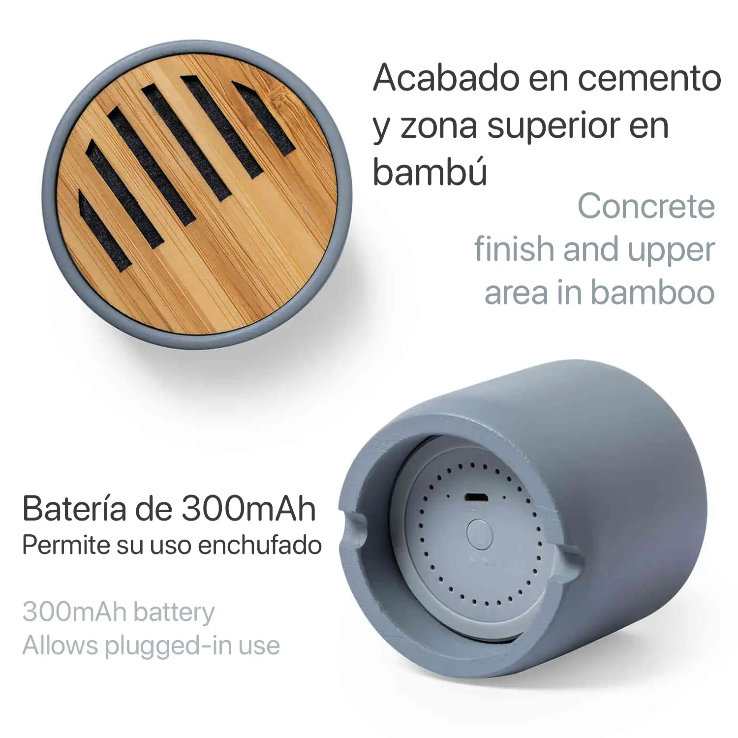 Altavoz Piler Bluetooth 5.0 fabricado en cemento y bambú. Tamaño compacto, 3W.