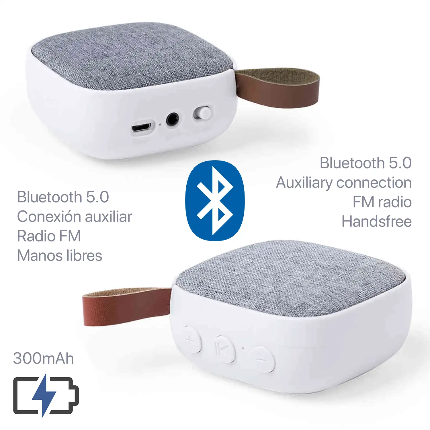 Altavoz Nerby Bluetooth 5.0 3W. Asa de polipiel. Función manos libres y radio FM, entrada auxiliar.