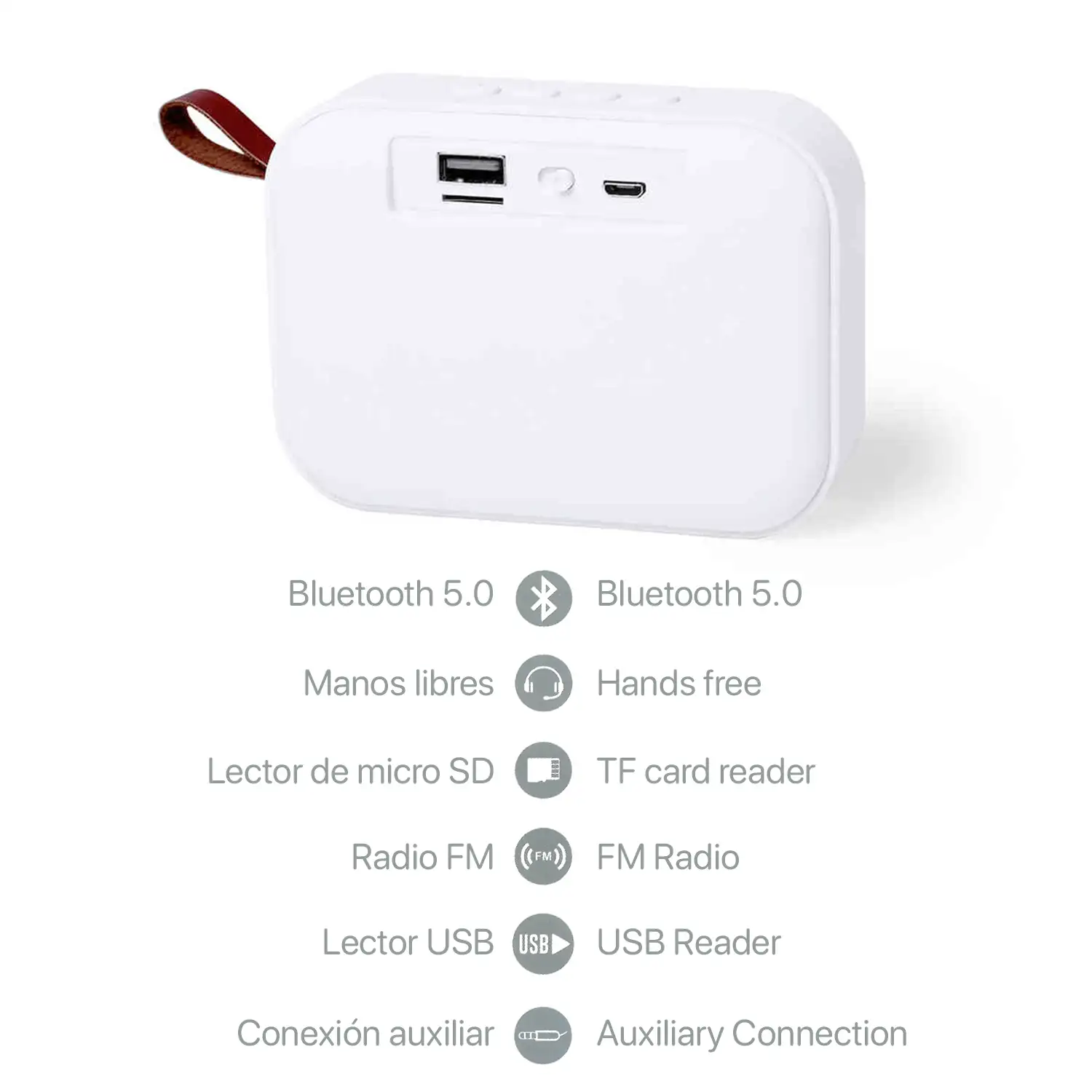 Altavoz Tirko Bluetooth 5.0 3W. Asa de polipiel. Función manos libres, USB, micro SD y radio FM.