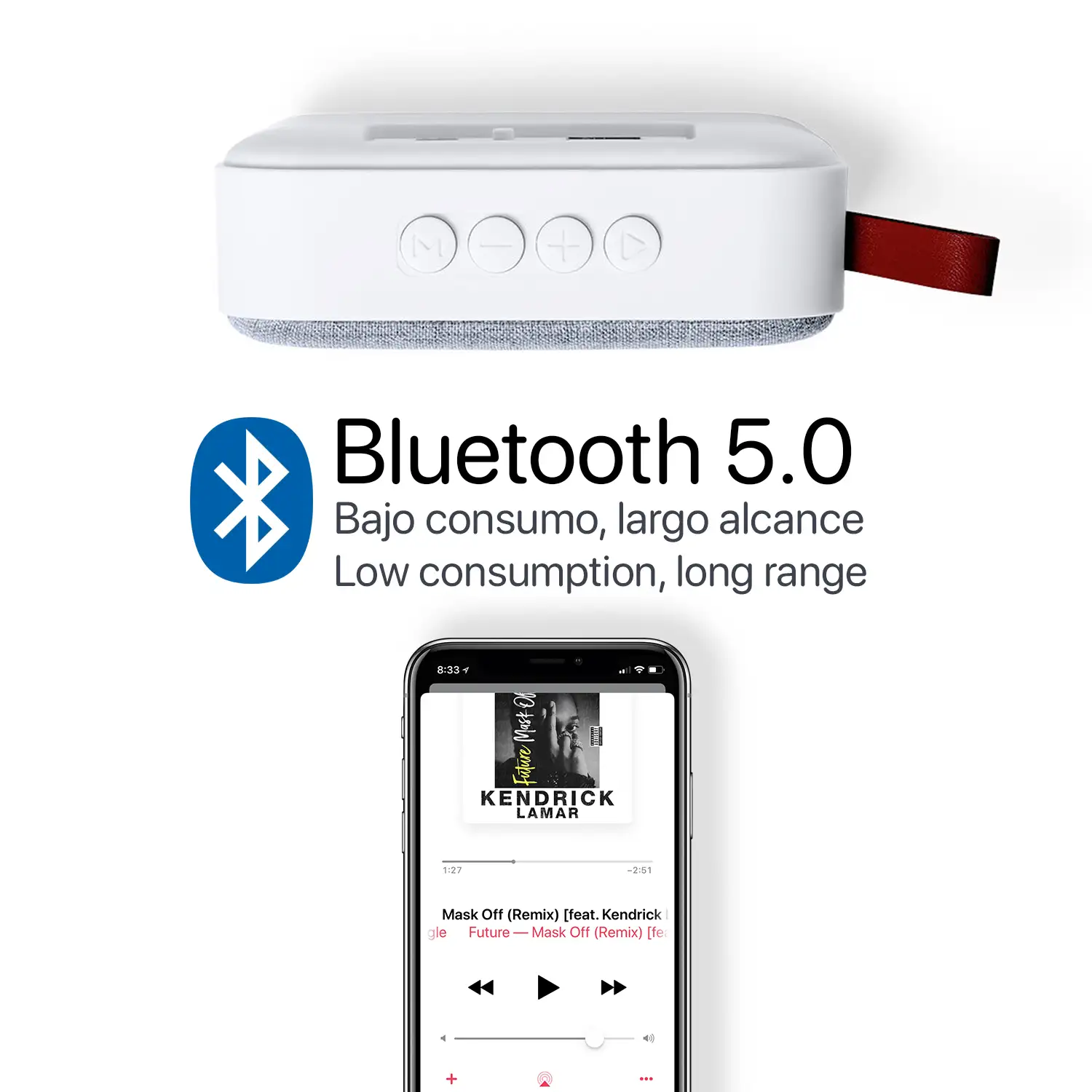Altavoz Tirko Bluetooth 5.0 3W. Asa de polipiel. Función manos libres, USB, micro SD y radio FM.