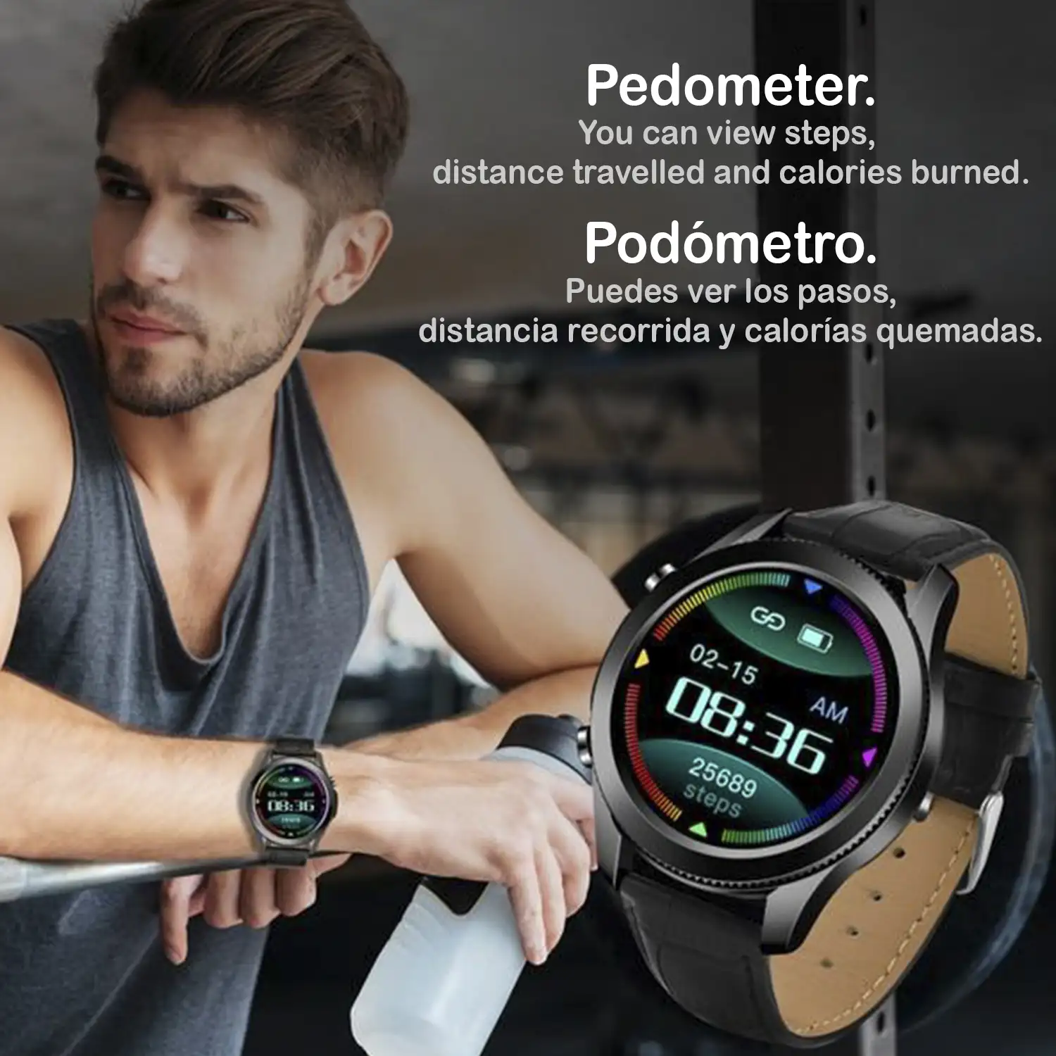 Smartwatch W3 con monitor de oxígeno en sangre, 5 modos deportivos, notificaciones con mensaje en pantalla. Correa de piel.
