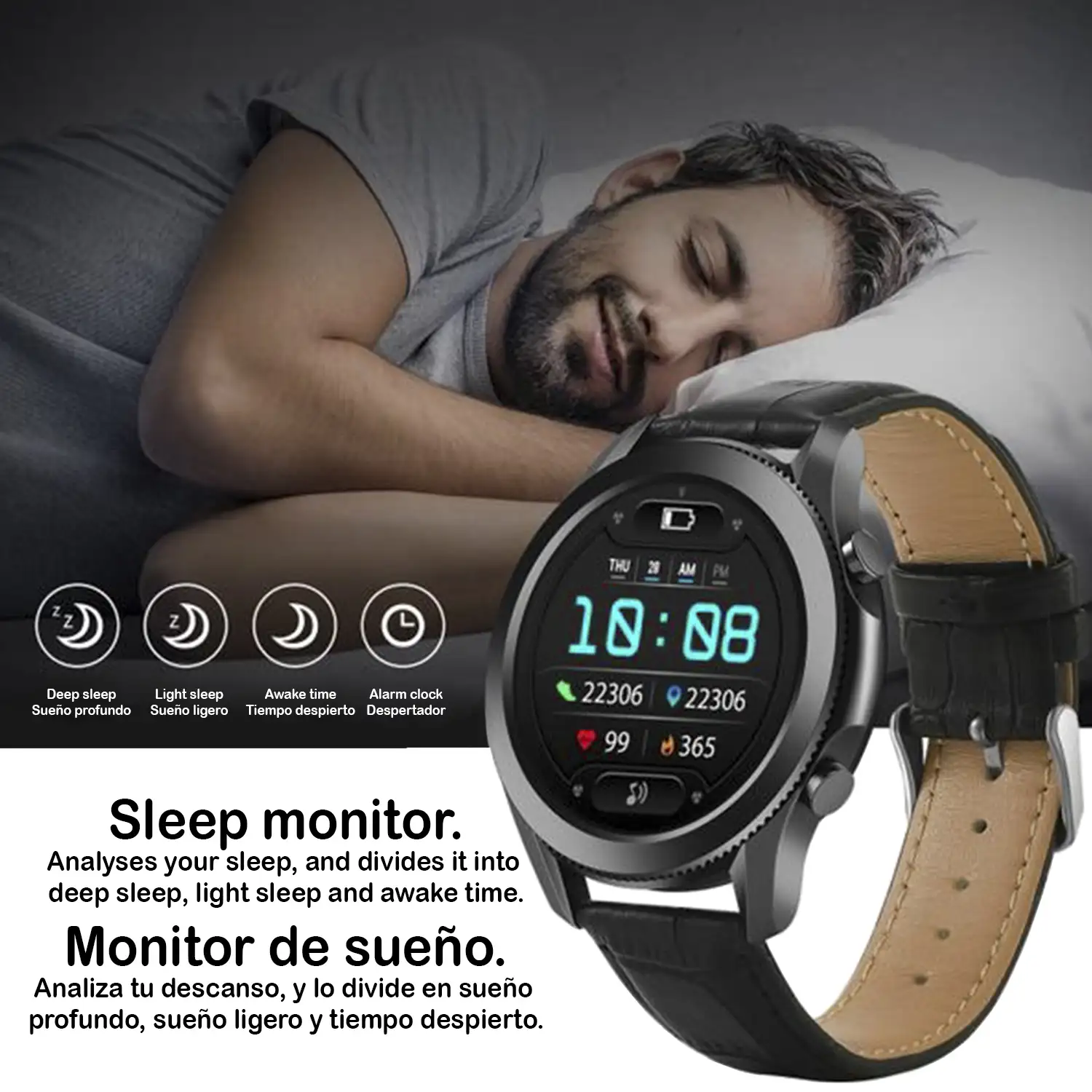 Smartwatch W3 con monitor de oxígeno en sangre, 5 modos deportivos, notificaciones con mensaje en pantalla. Correa de piel.