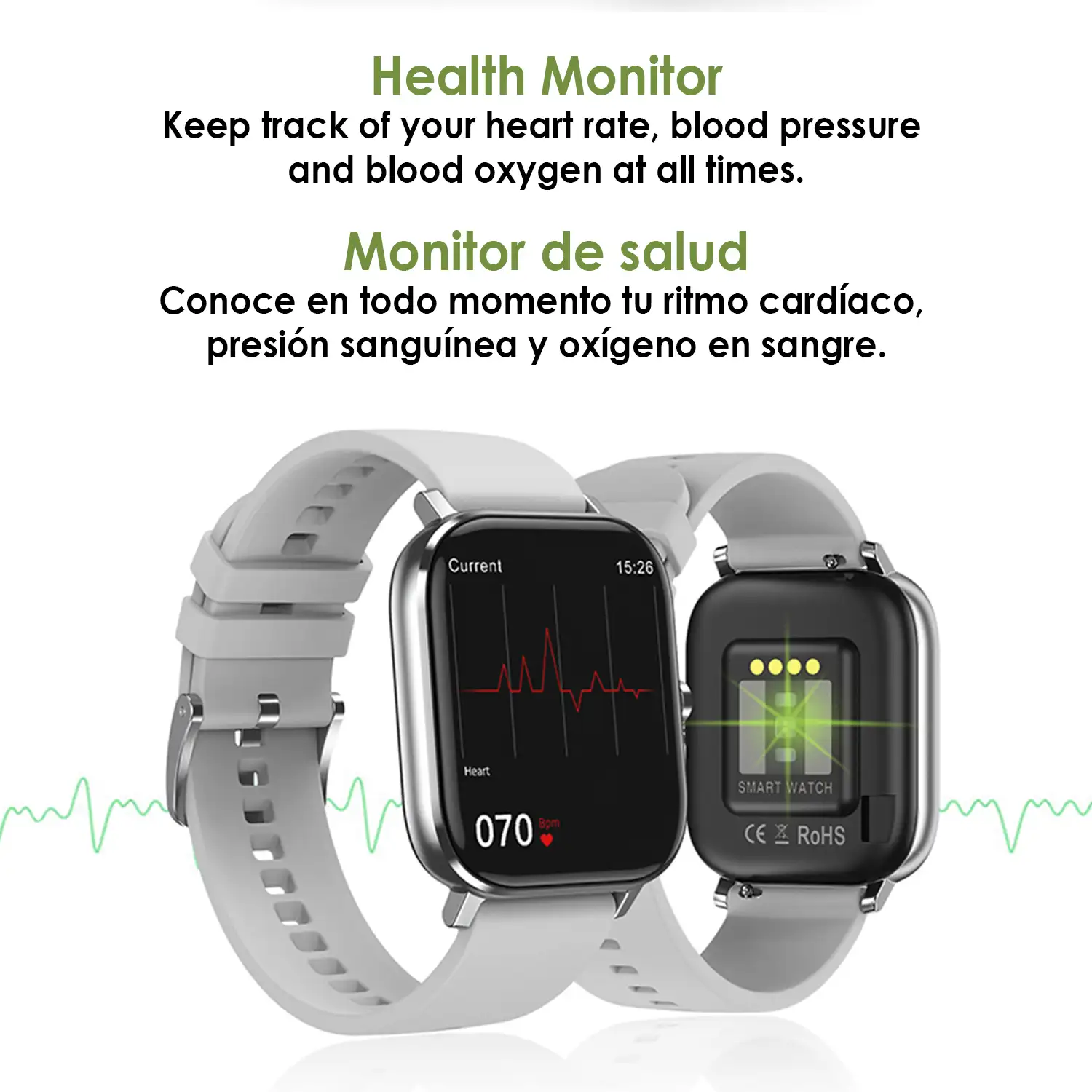 Smartwatch DT35+ con termómetro, monitor de tensión y oxígeno en sangre. Notificaciones en pantalla iOS y Android.