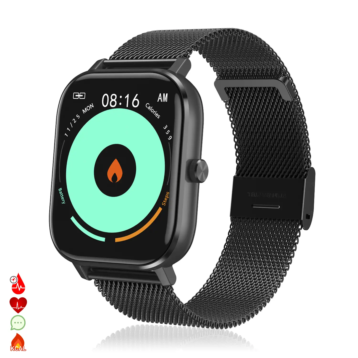 Smartwatch DT35+ con pulsera de acero, termómetro, monitor de tensión y oxígeno en sangre. Notificaciones en pantalla iOS y Android.