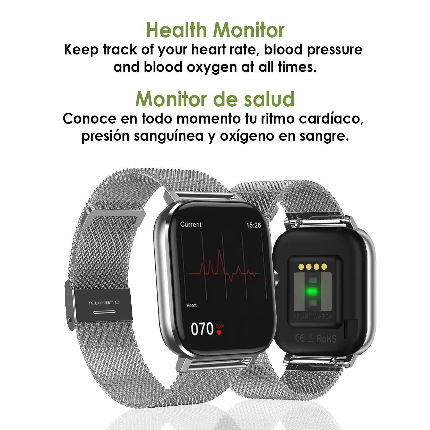 Smartwatch DT35+ con pulsera de acero, termómetro, monitor de tensión y oxígeno en sangre. Notificaciones en pantalla iOS y Android.