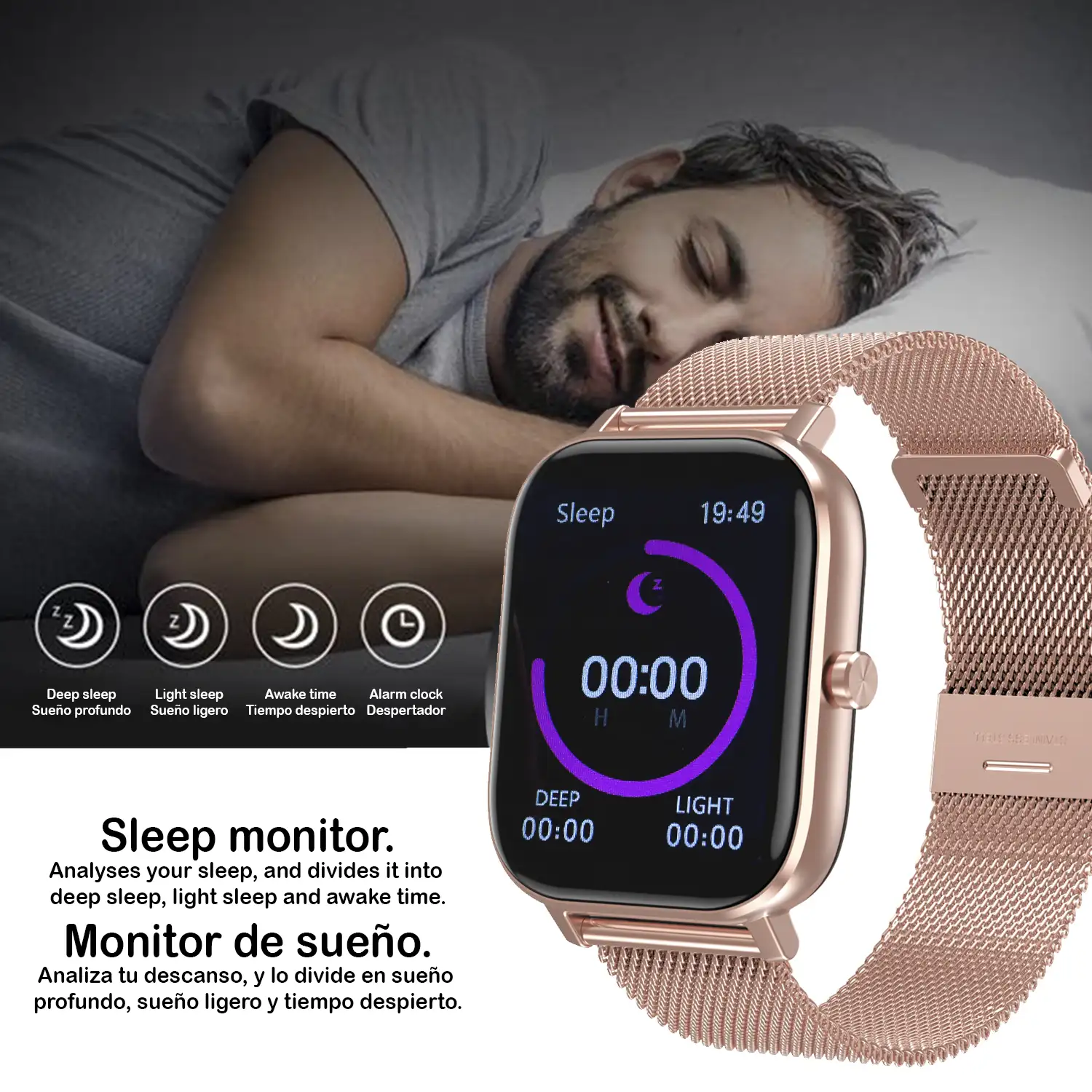 Smartwatch DT35+ con pulsera de acero, termómetro, monitor de tensión y oxígeno en sangre. Notificaciones en pantalla iOS y Android.