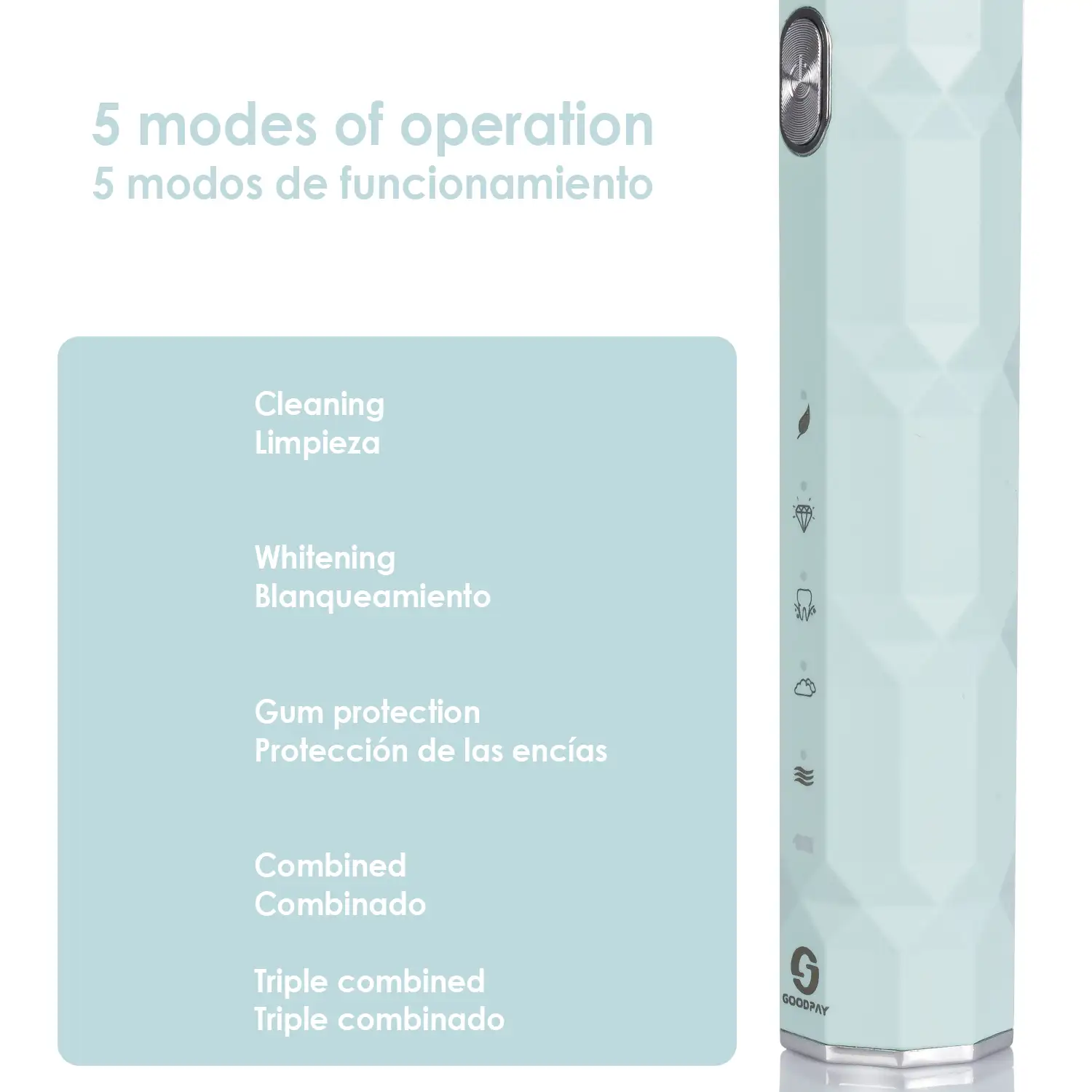 Cepillo de dientes eléctrico sónico ET04, con 5 modos de cepillado. Incluye 5 cabezales y estuche de transporte.