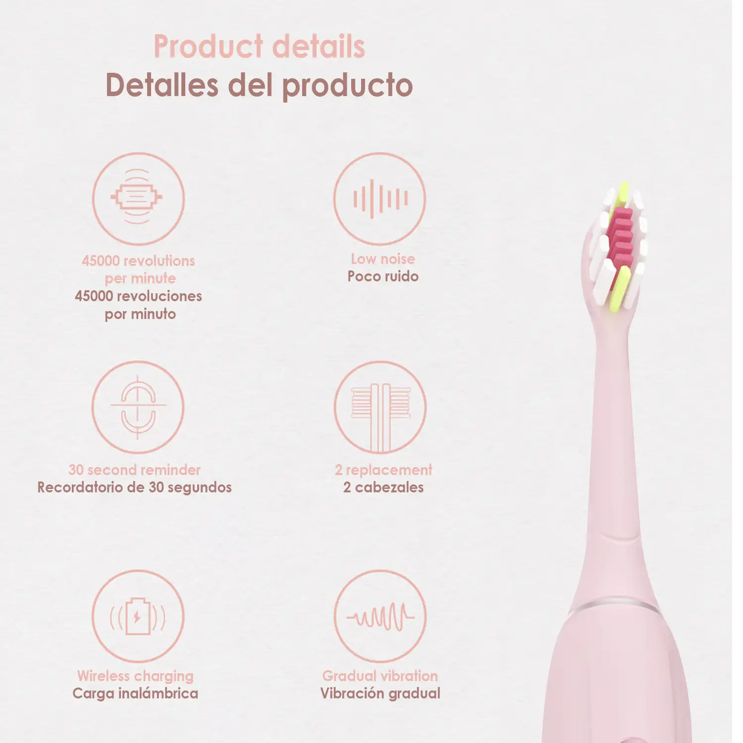 Cepillo dental eléctrico sónico ET06 con 4 modos de cepillado y base de carga. Incluye 2 cabezales.