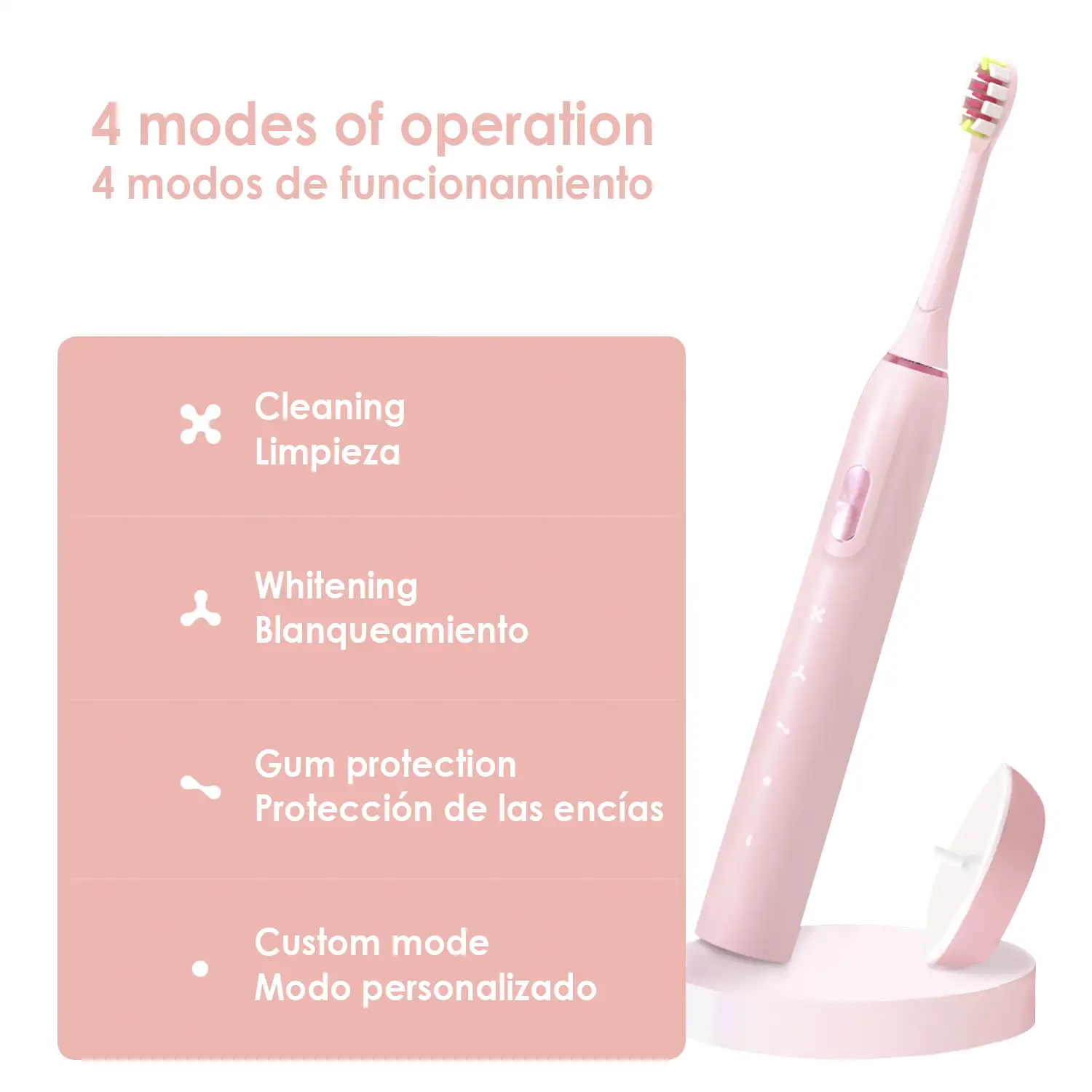 Cepillo dental eléctrico sónico ET06 con 4 modos de cepillado y base de carga. Incluye 2 cabezales.