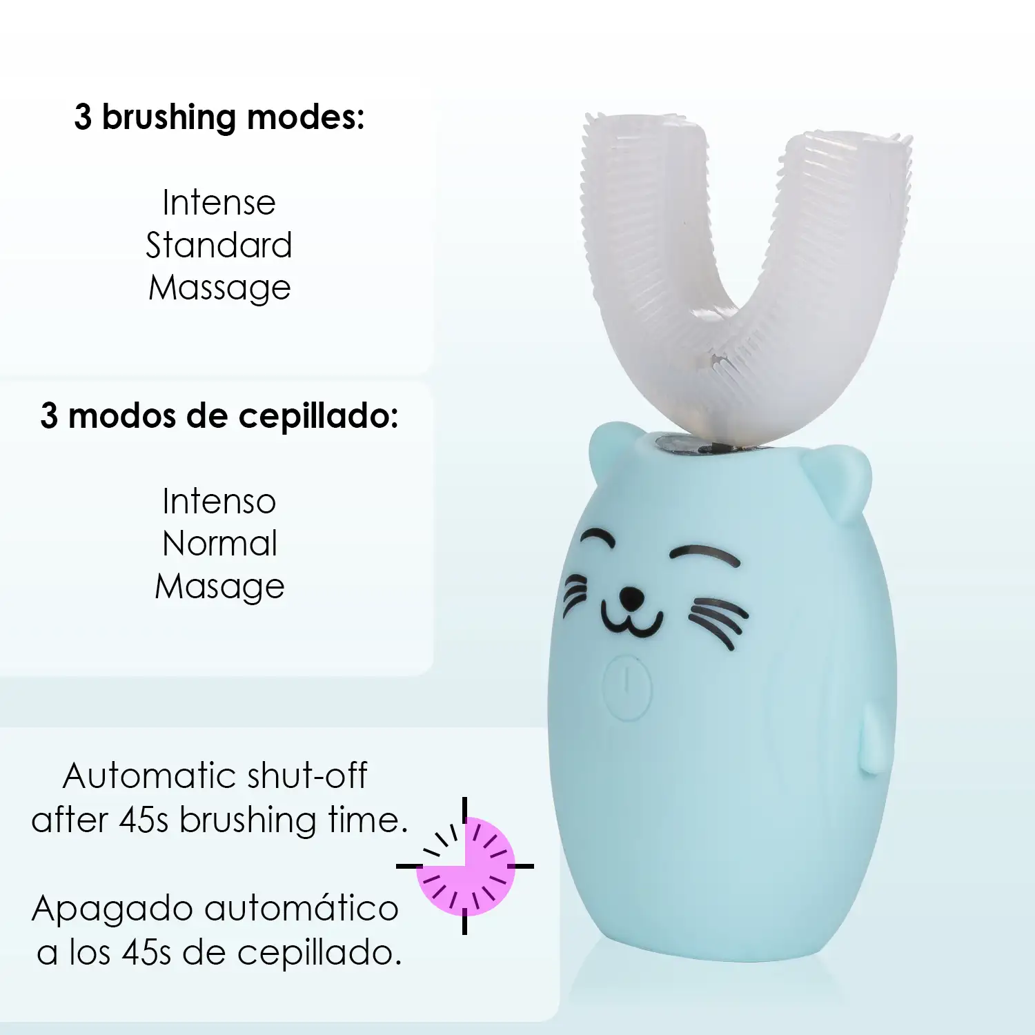 Cepillo de dientes infantil ET09 en forma de U eléctrico sónico. Incluye soporte.